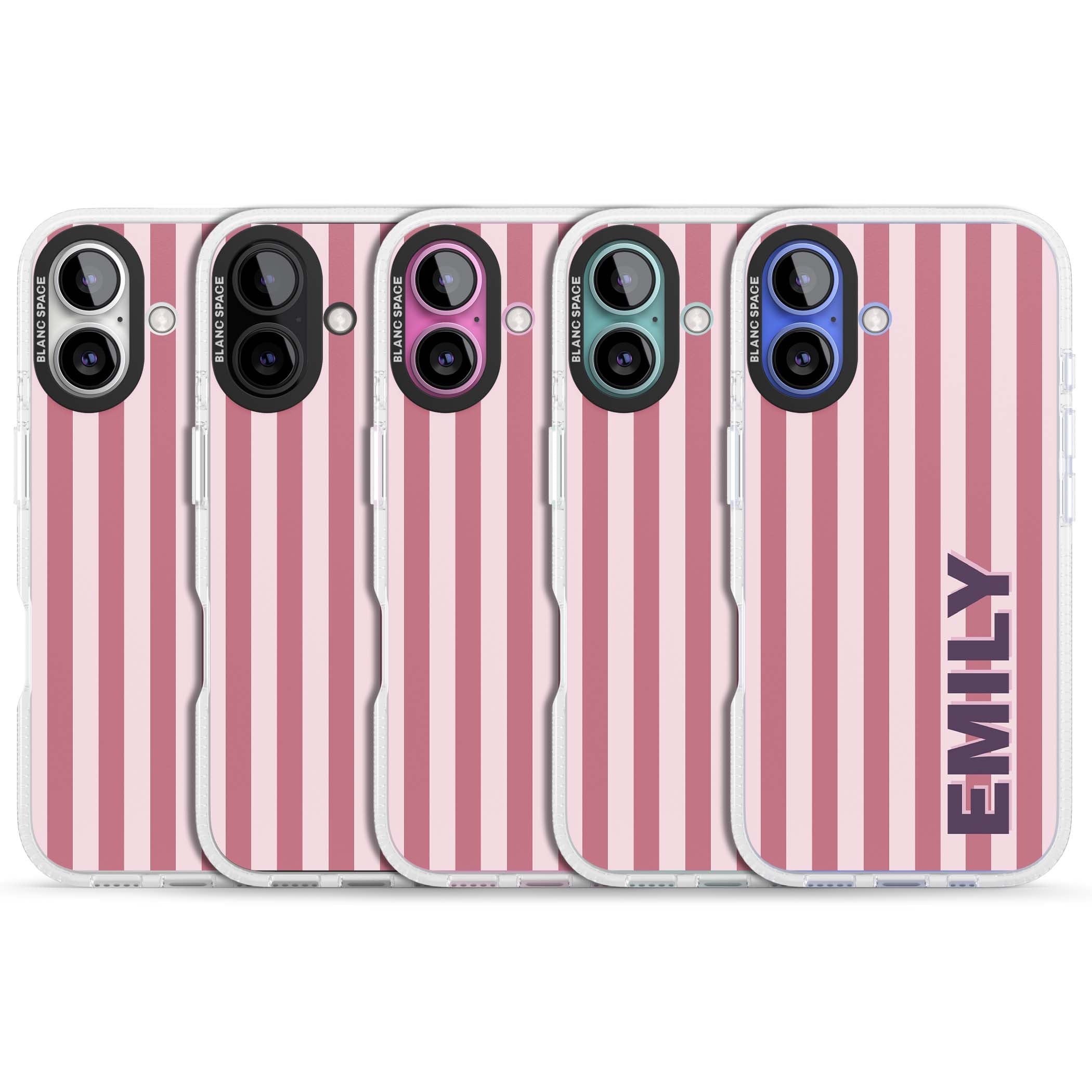 Victoria Stripe personalised iPhone case featuring pink vertical stripes and custom name in bold plum lettering | Clear Case Impact Air case for iPhone 16, iPhone 16 Plus