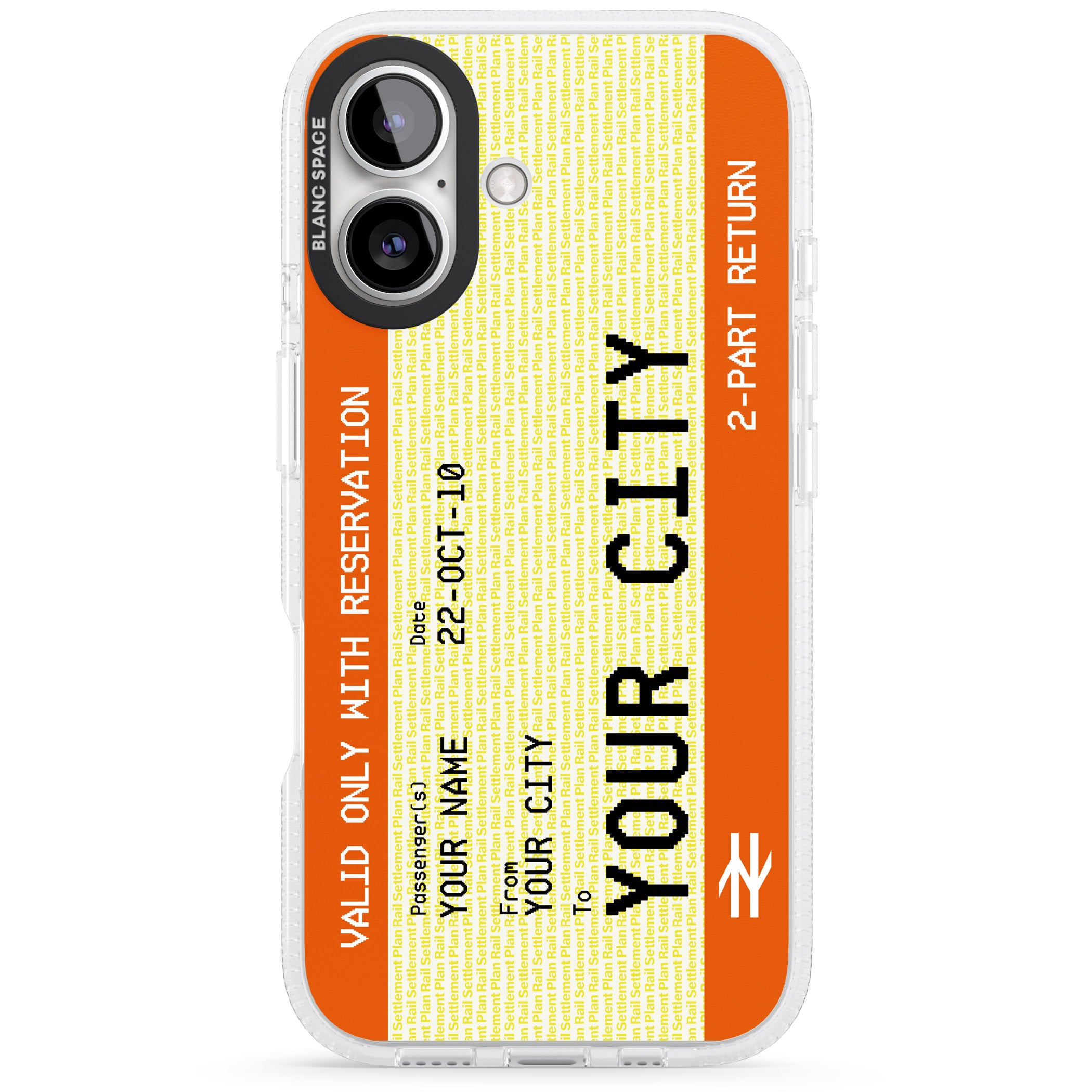 Personalised Create Your Own Train Ticket iPhone 16 / 16 Plus Clear Case Impact Air - Blanc Space