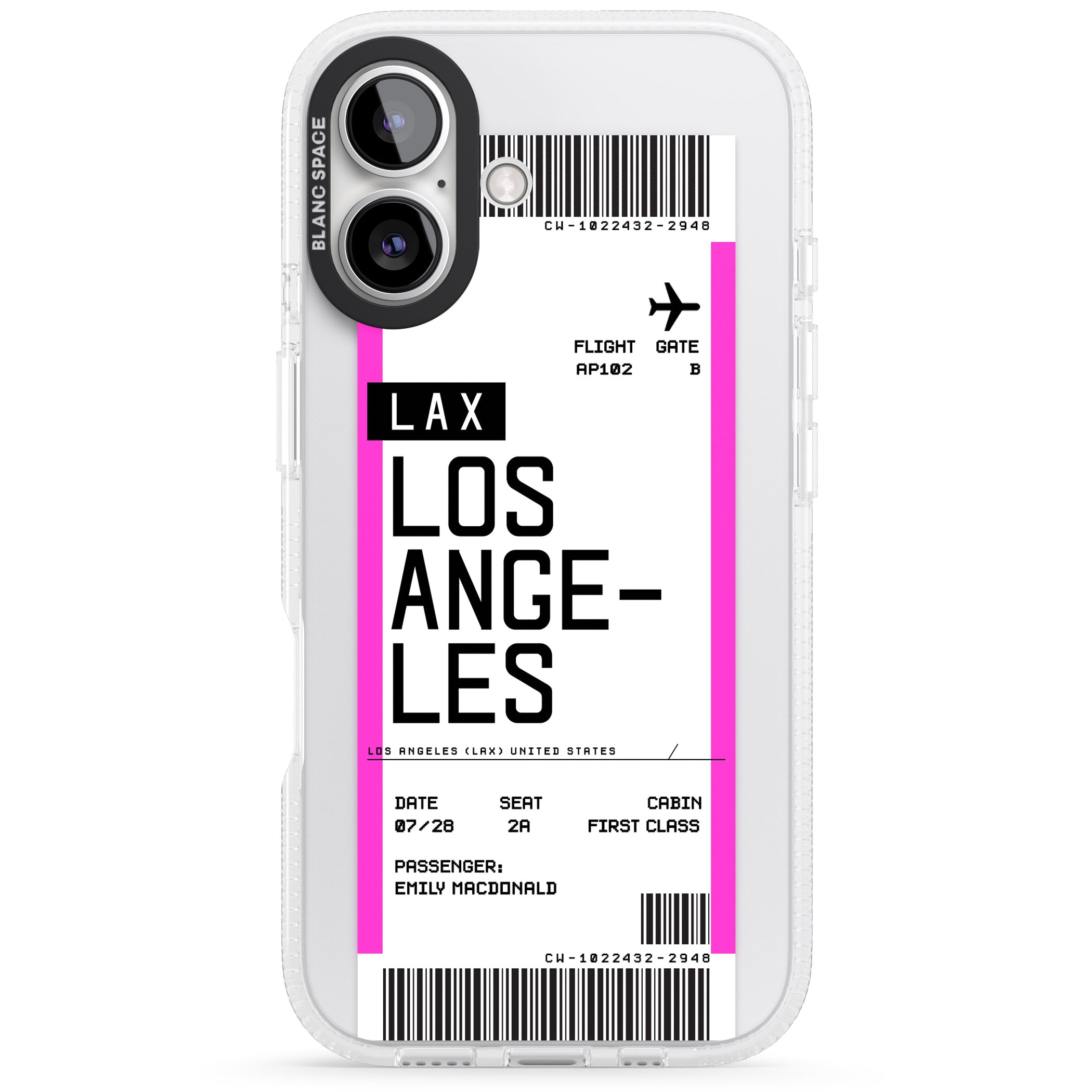 Personalised Los Angeles Boarding Pass iPhone 16 / 16 Plus Clear Case Impact Air - Blanc Space