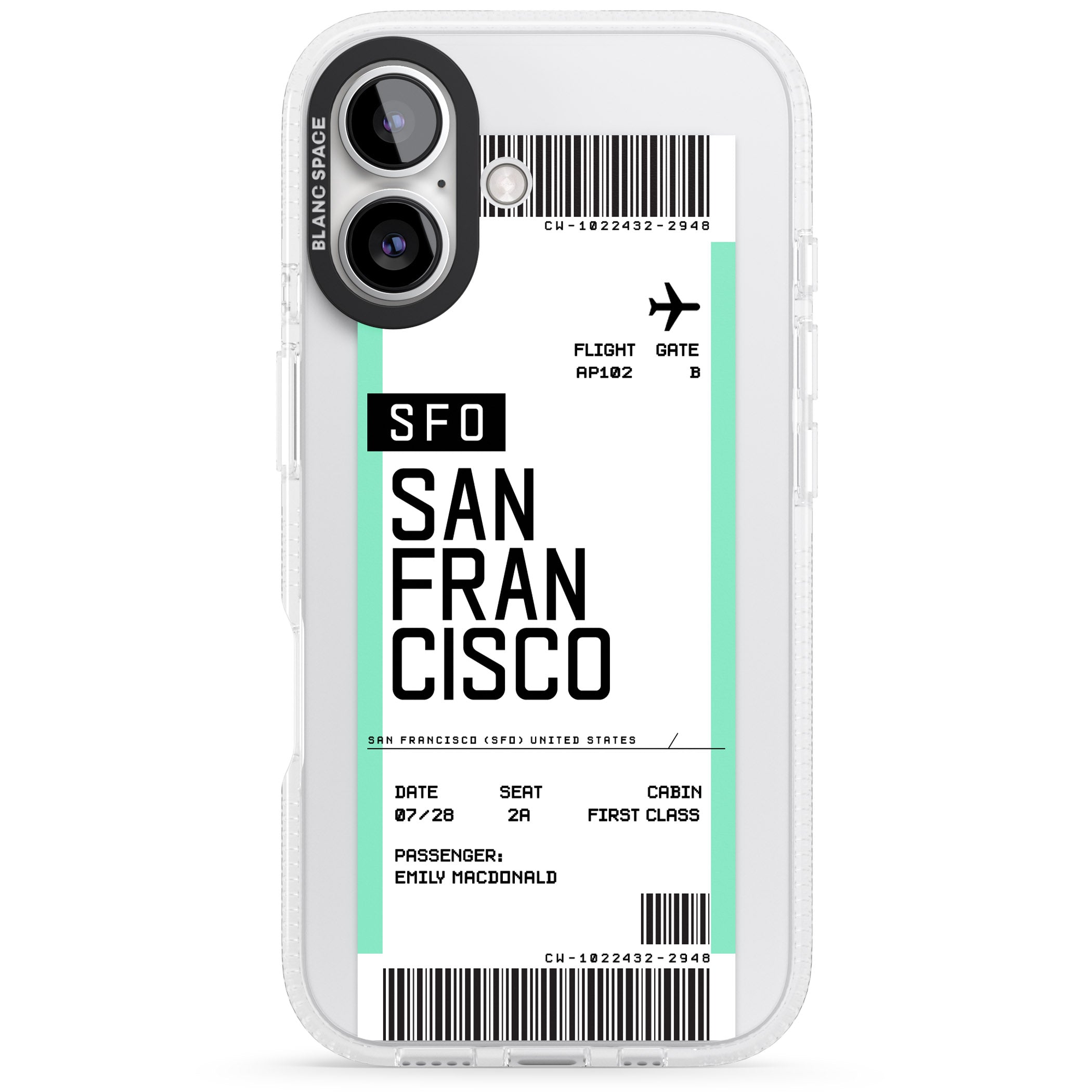 Personalised San Francisco Boarding Pass iPhone 16 / 16 Plus Clear Case Impact Air - Blanc Space