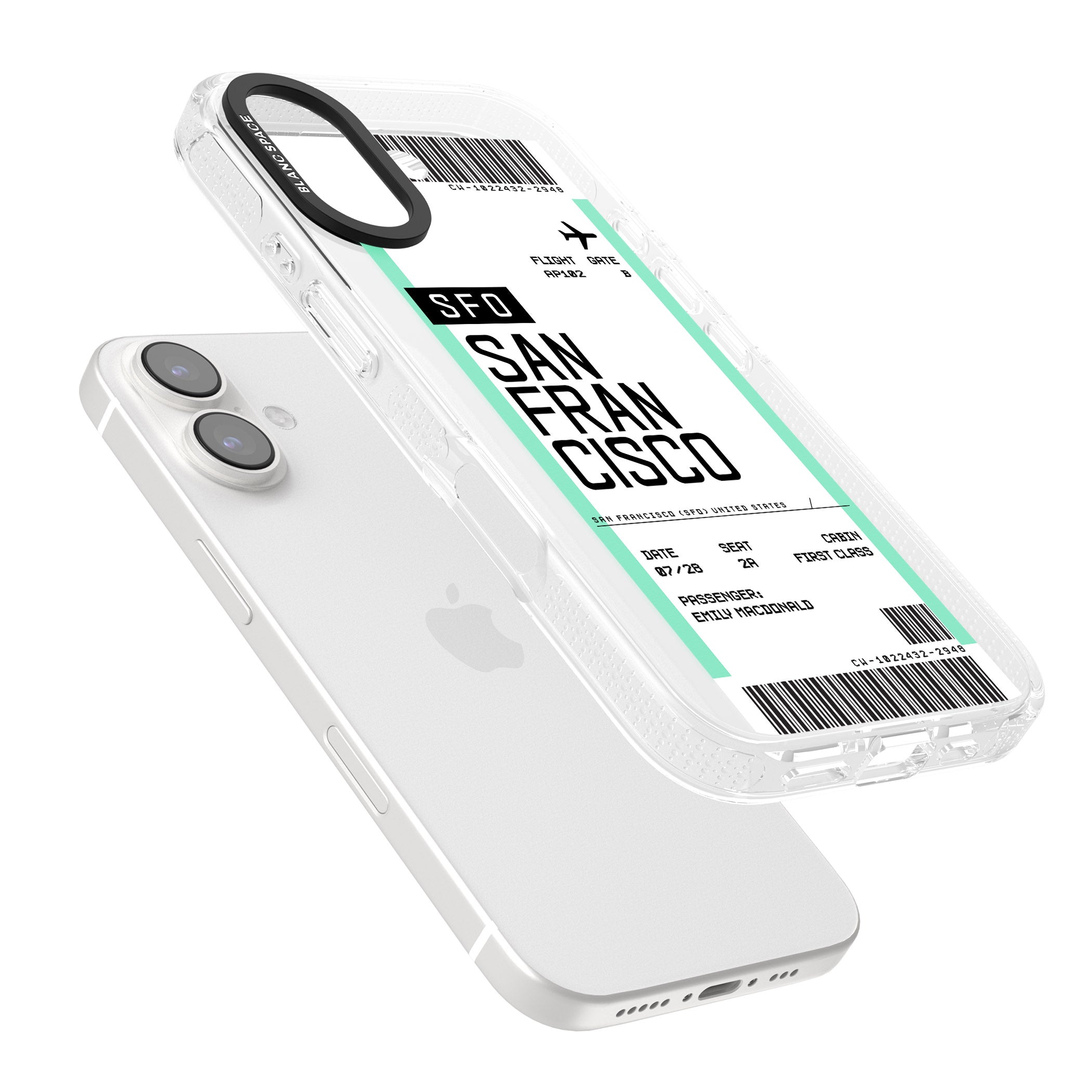 Personalised San Francisco Boarding Pass iPhone 16 / 16 Plus Clear Case Impact Air - Blanc Space