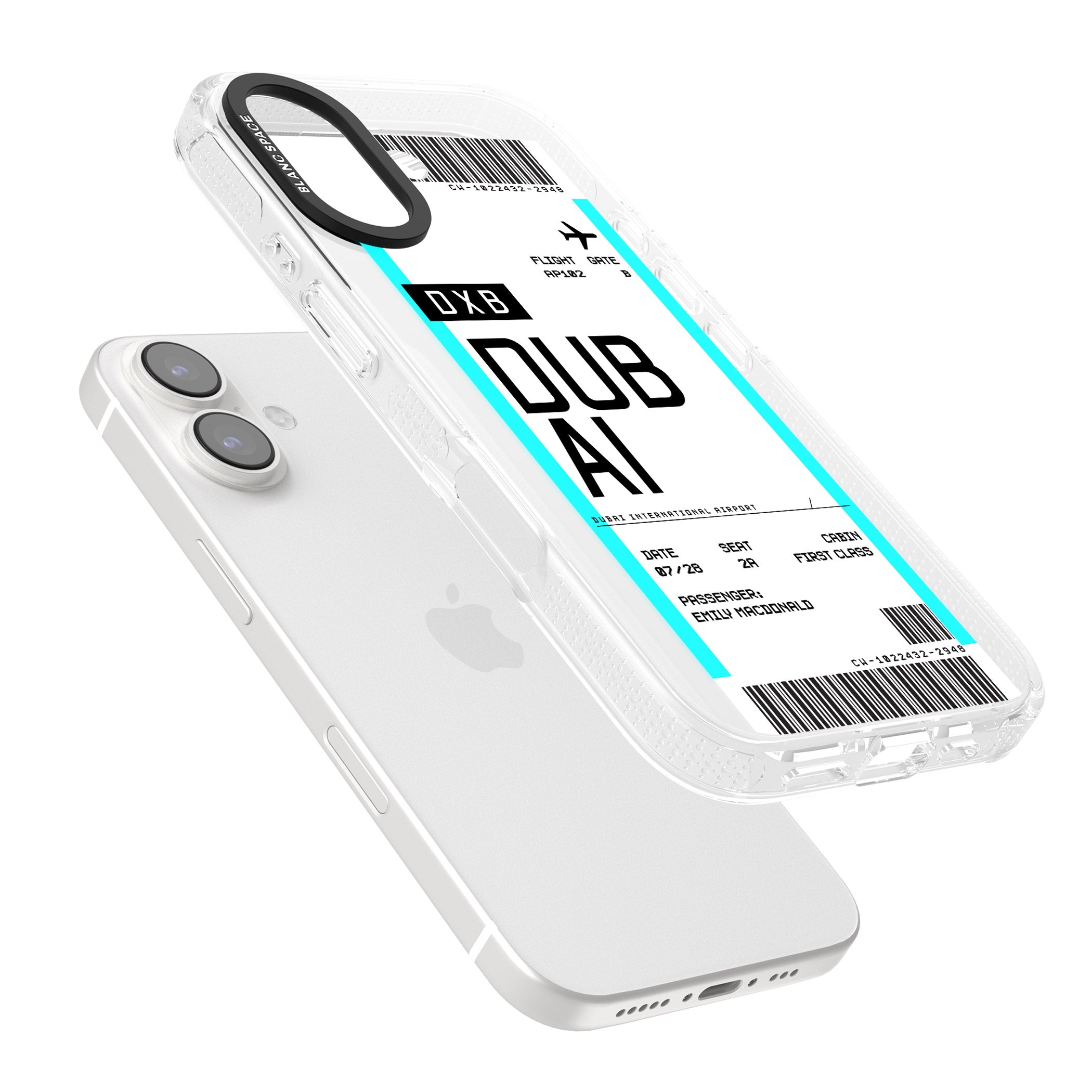 Personalised Dubai Boarding Pass iPhone 16 / 16 Plus Clear Case Impact Air - Blanc Space
