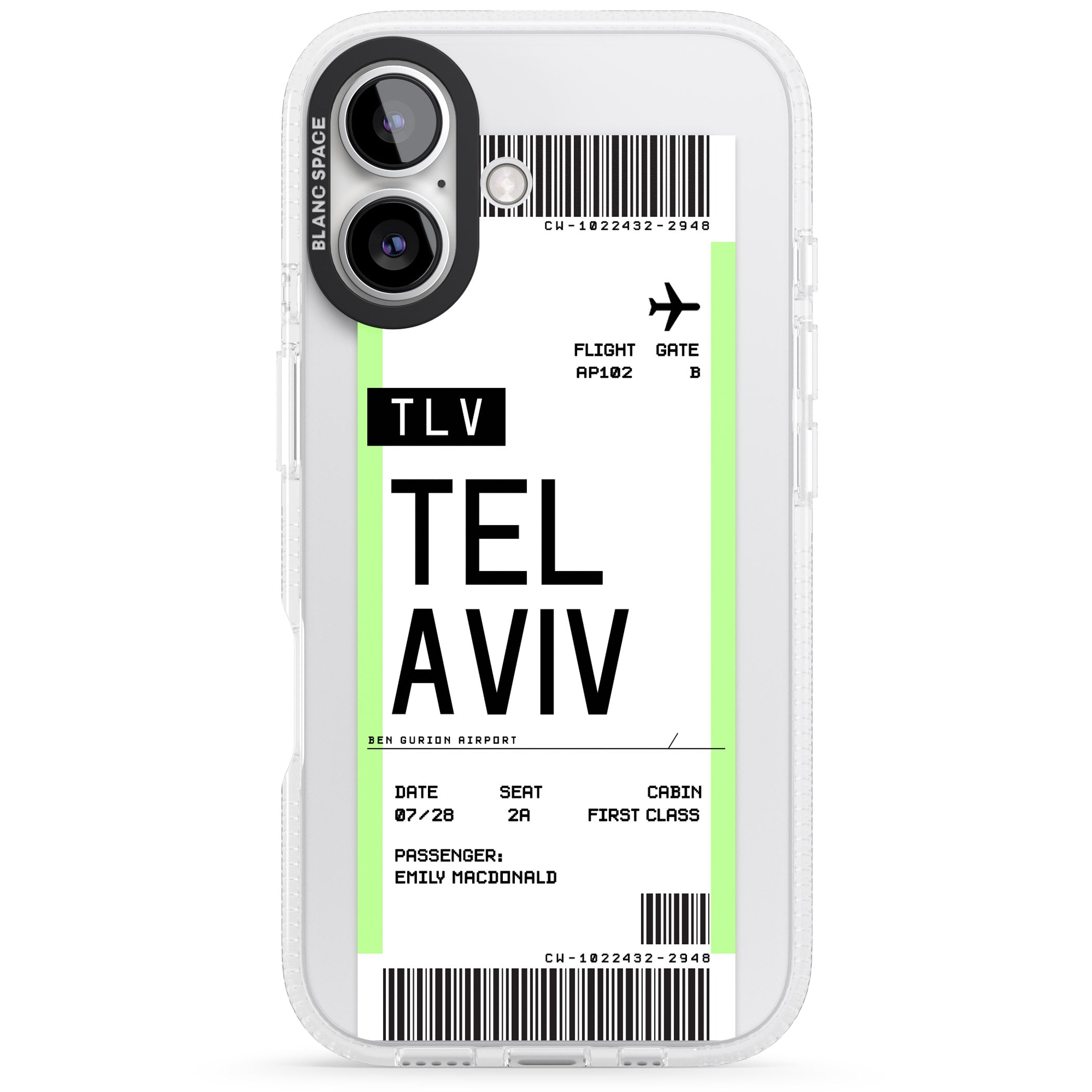 Personalised Tel Aviv Boarding Pass iPhone 16 / 16 Plus Clear Case Impact Air - Blanc Space