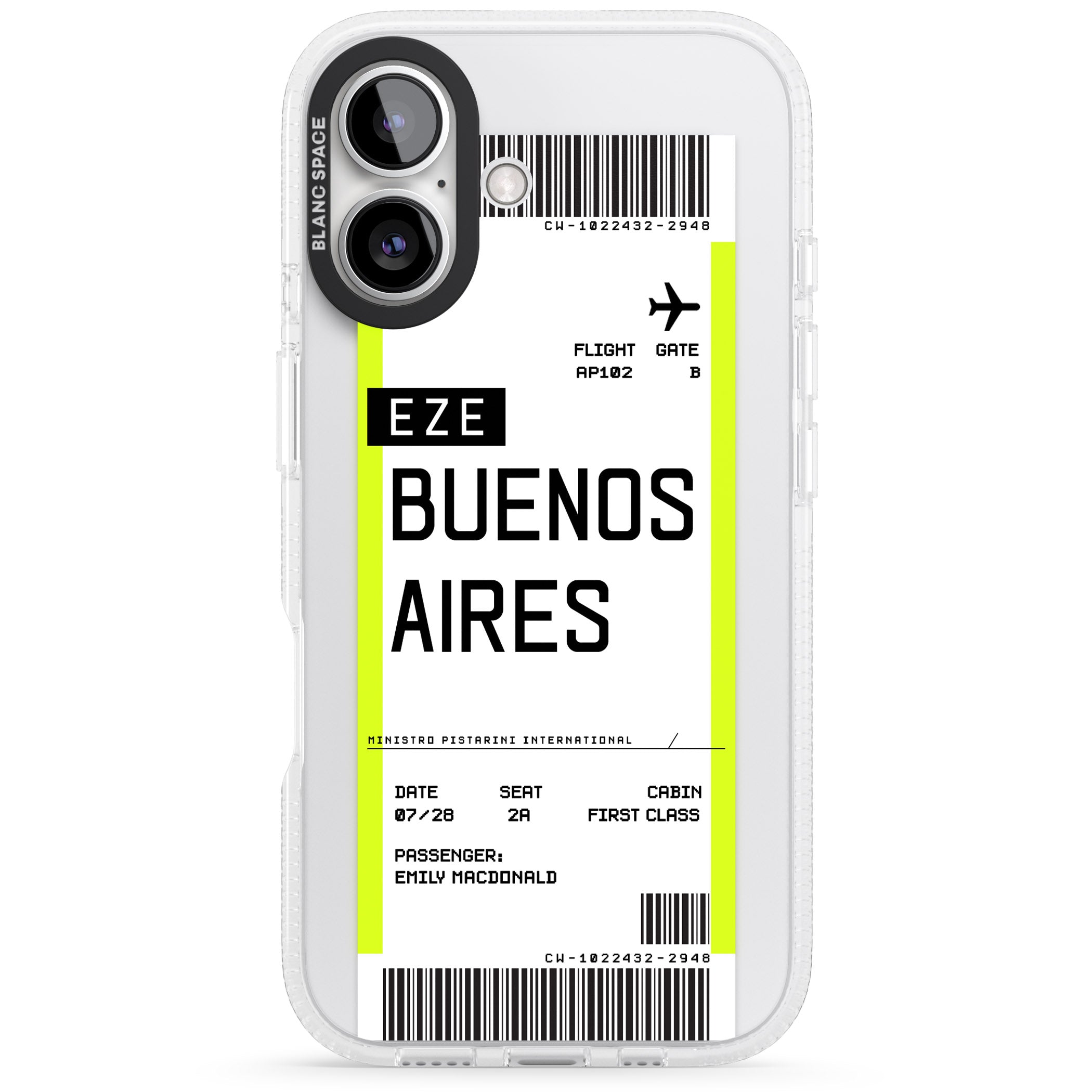 Personalised Buenos Aires Boarding Pass iPhone 16 / 16 Plus Clear Case Impact Air - Blanc Space