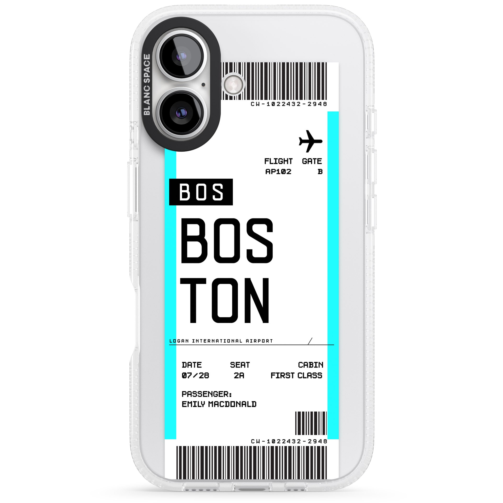 Personalised Boston Boarding Pass iPhone 16 / 16 Plus Clear Case Impact Air - Blanc Space
