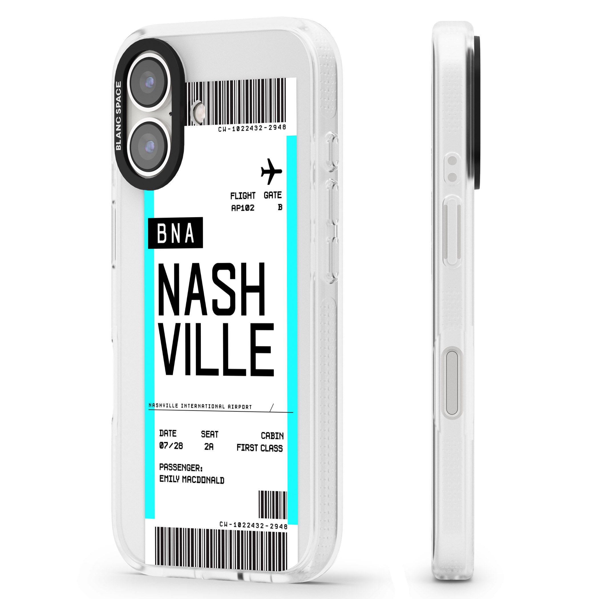 Personalised Nashville Boarding Pass iPhone 16 / 16 Plus Clear Case Impact Air - Blanc Space