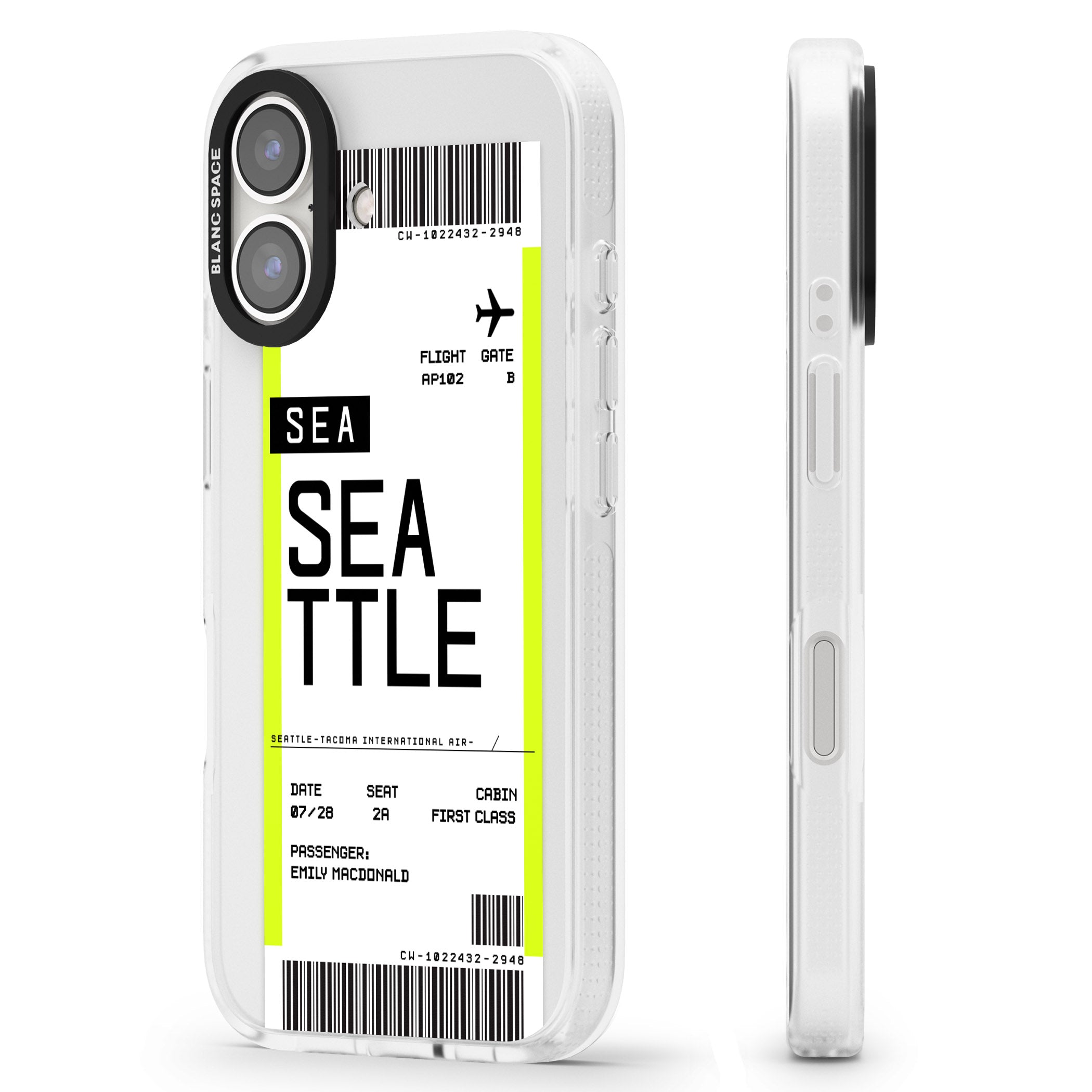 Personalised Seattle Boarding Pass iPhone 16 / 16 Plus Clear Case Impact Air - Blanc Space