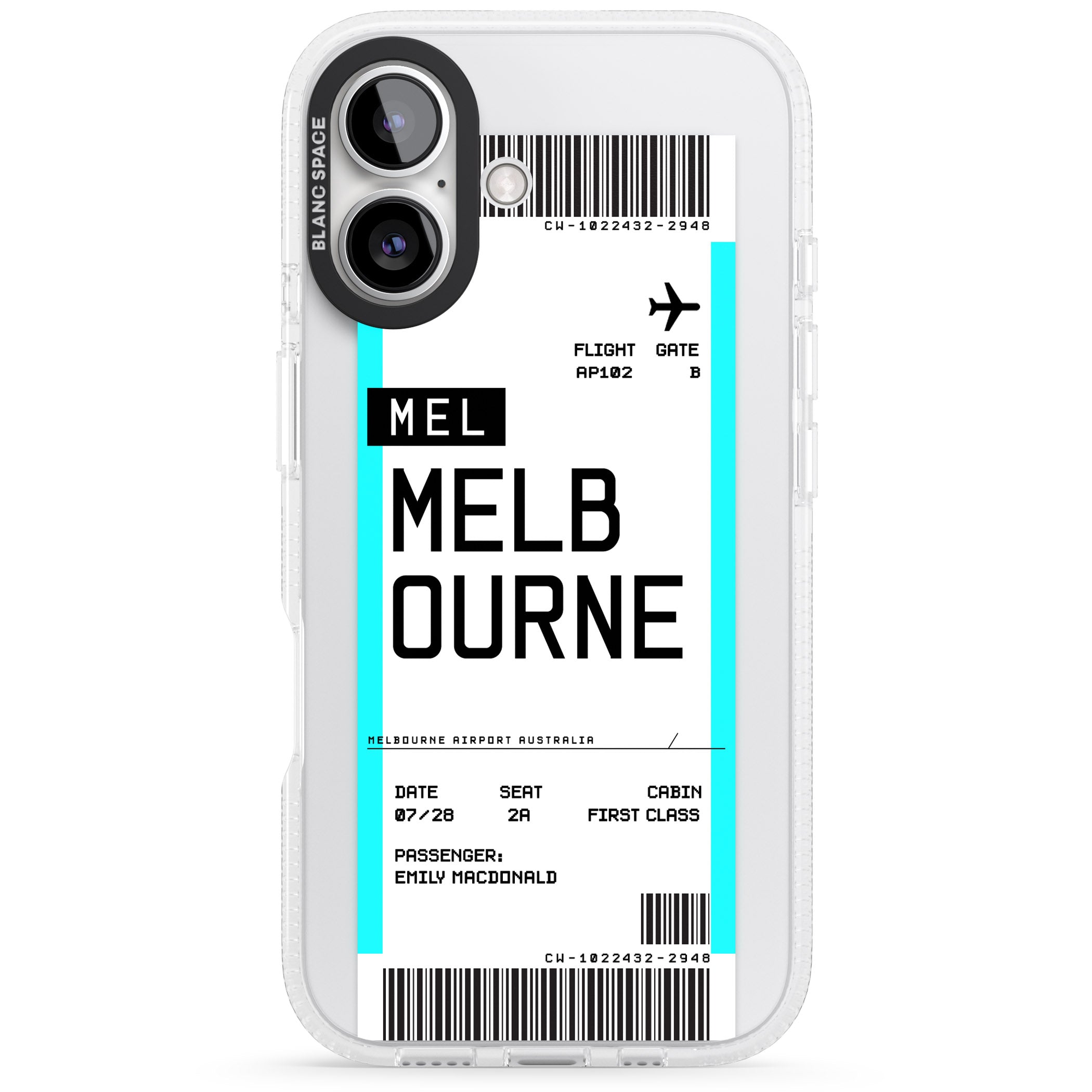 Personalised Melbourne Boarding Pass iPhone 16 / 16 Plus Clear Case Impact Air - Blanc Space