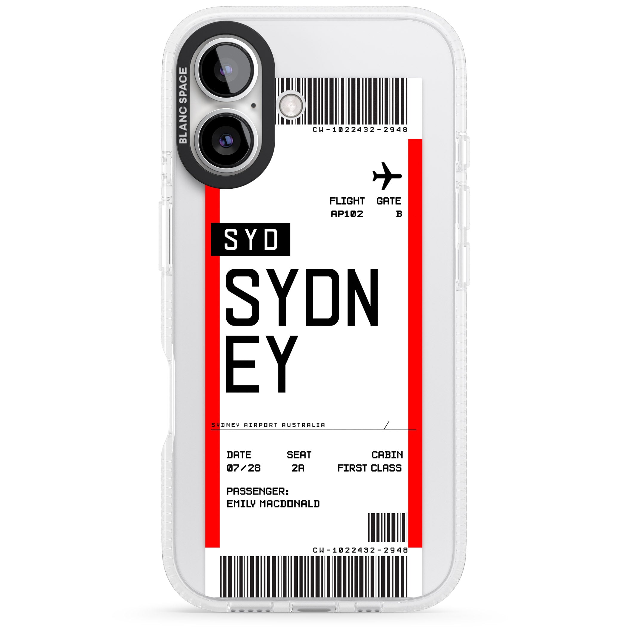 Personalised Sydney Boarding Pass iPhone 16 / 16 Plus Clear Case Impact Air - Blanc Space