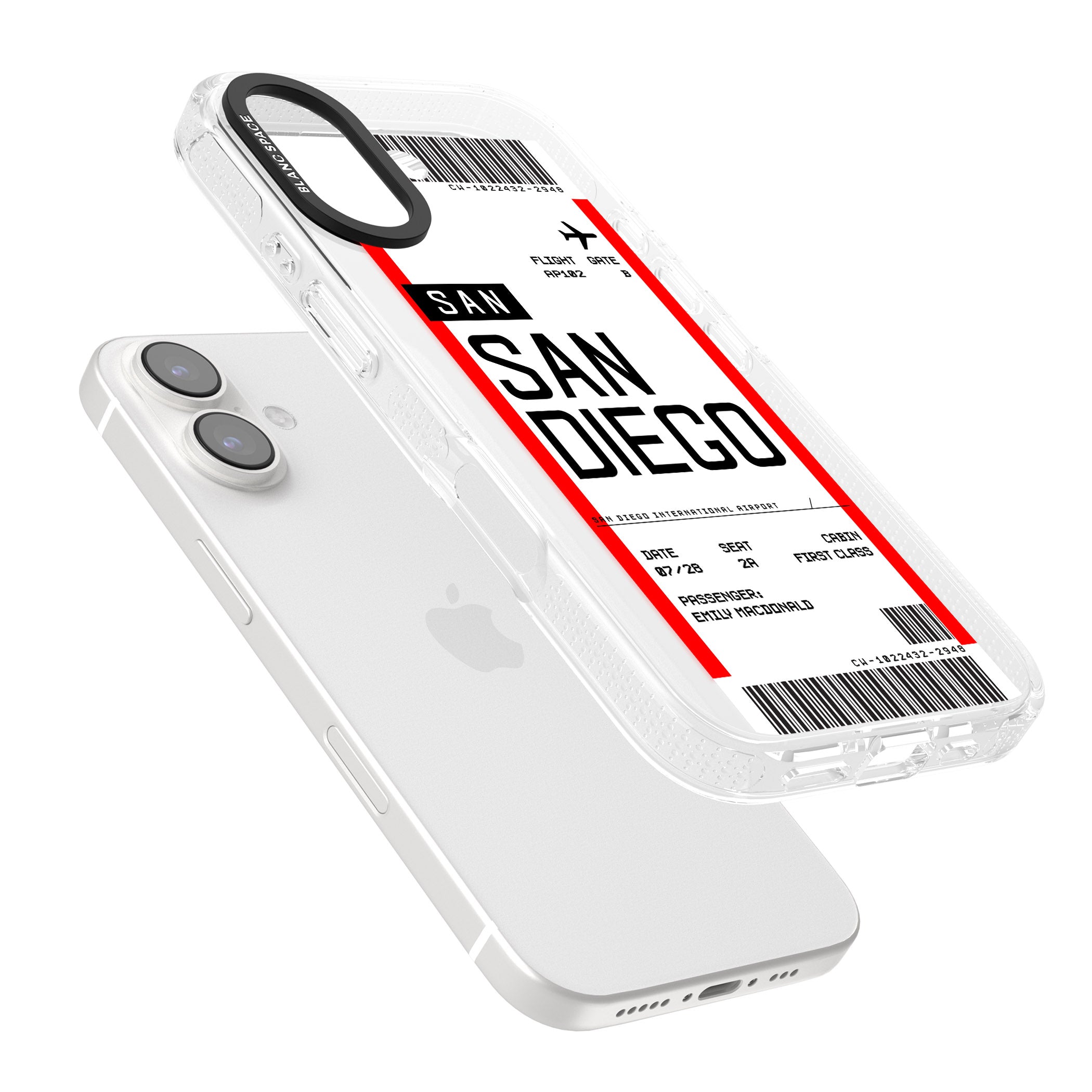 Personalised San Diego Boarding Pass iPhone 16 / 16 Plus Clear Case Impact Air - Blanc Space