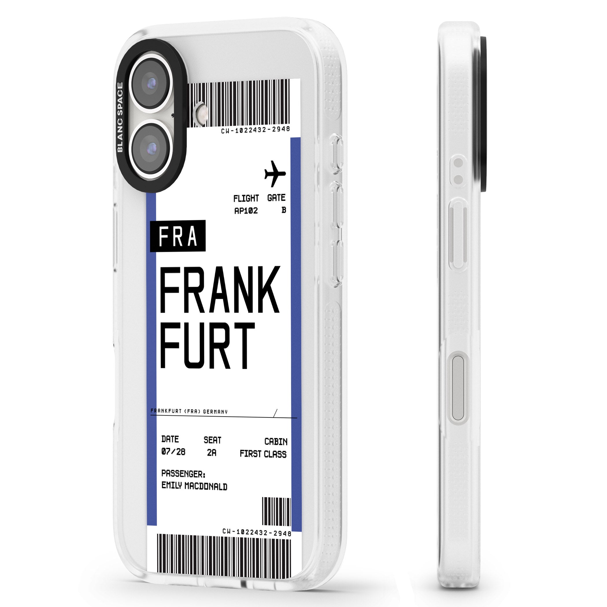 Personalised Frankfurt Boarding Pass iPhone 16 / 16 Plus Clear Case Impact Air - Blanc Space