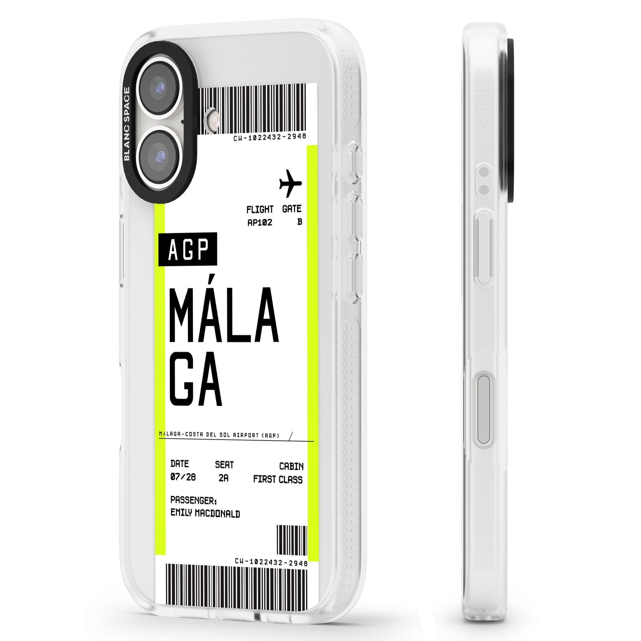 Personalised Málaga Boarding Pass iPhone 16 / 16 Plus Clear Case Impact Air - Blanc Space
