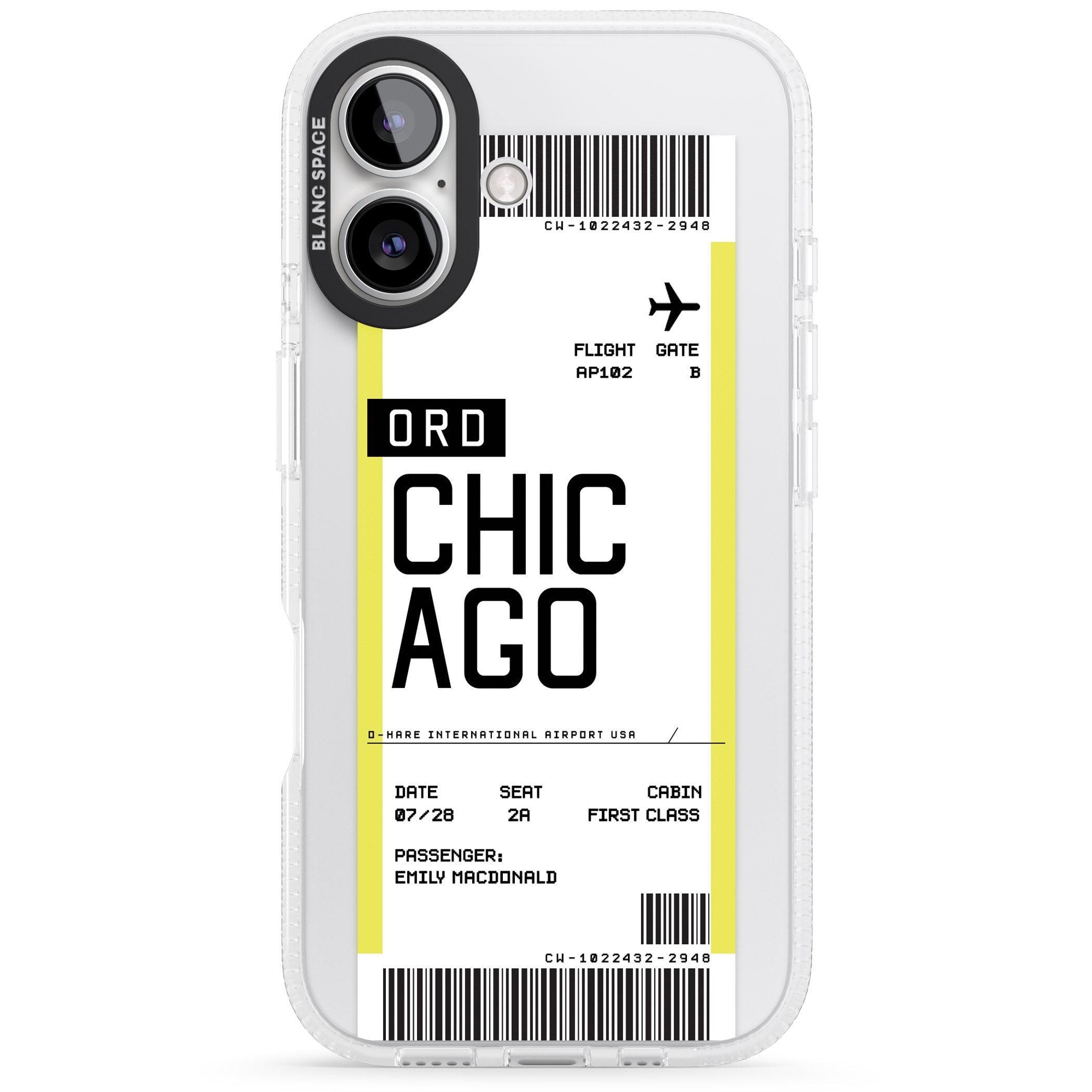 Personalised Chicago Boarding Pass iPhone 16 / 16 Plus Clear Case Impact Air - Blanc Space