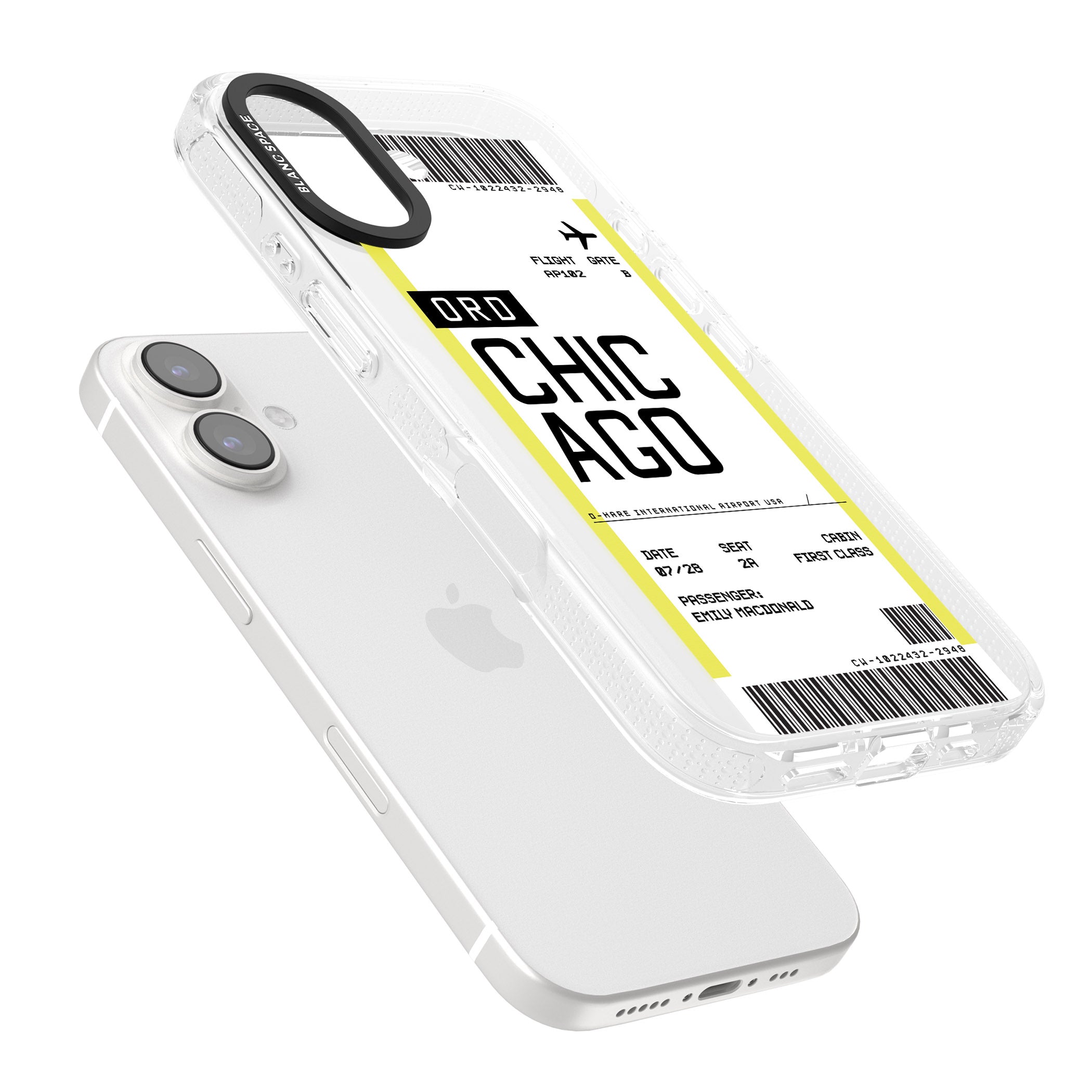 Personalised Chicago Boarding Pass iPhone 16 / 16 Plus Clear Case Impact Air - Blanc Space