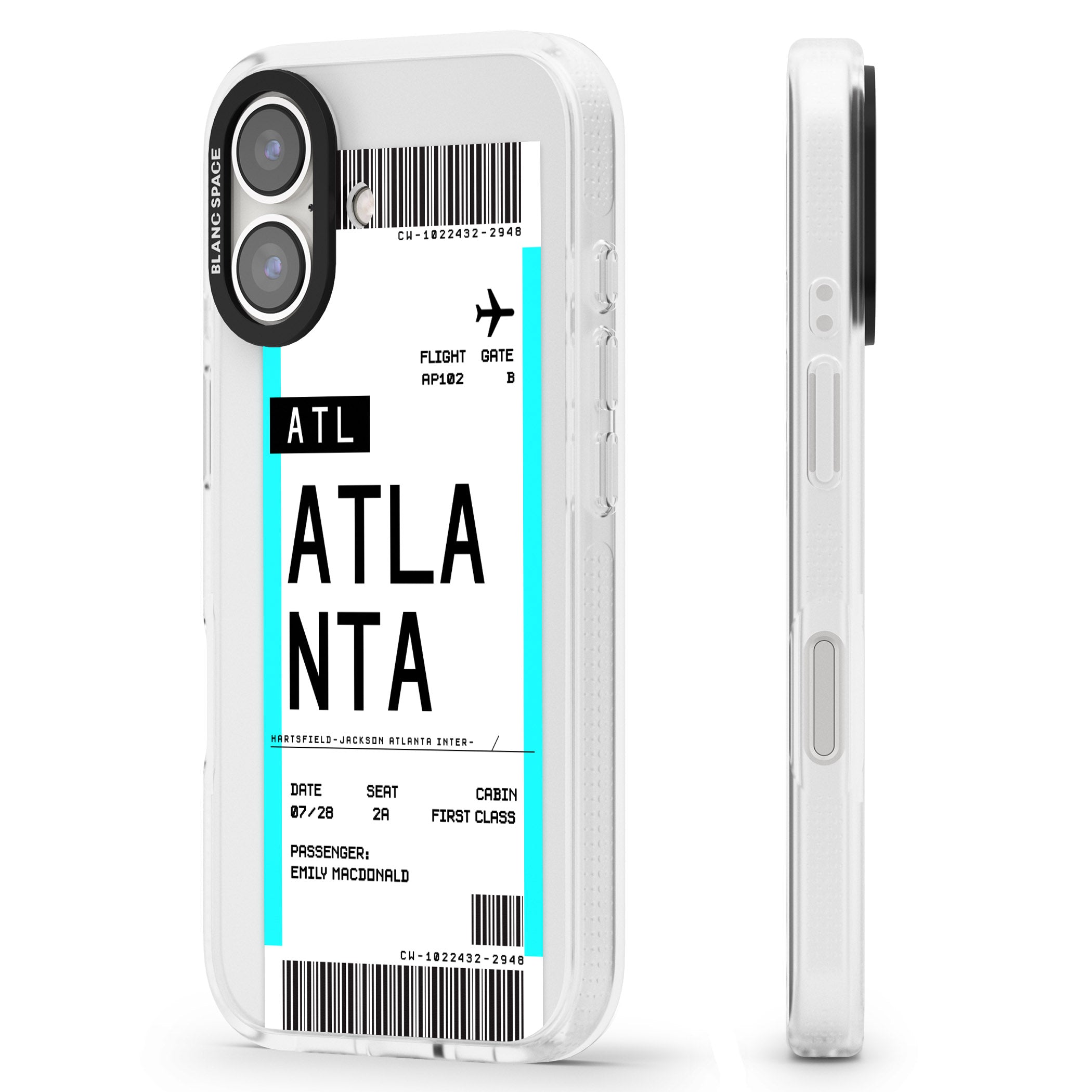 Personalised Atlanta Boarding Pass iPhone 16 / 16 Plus Clear Case Impact Air - Blanc Space