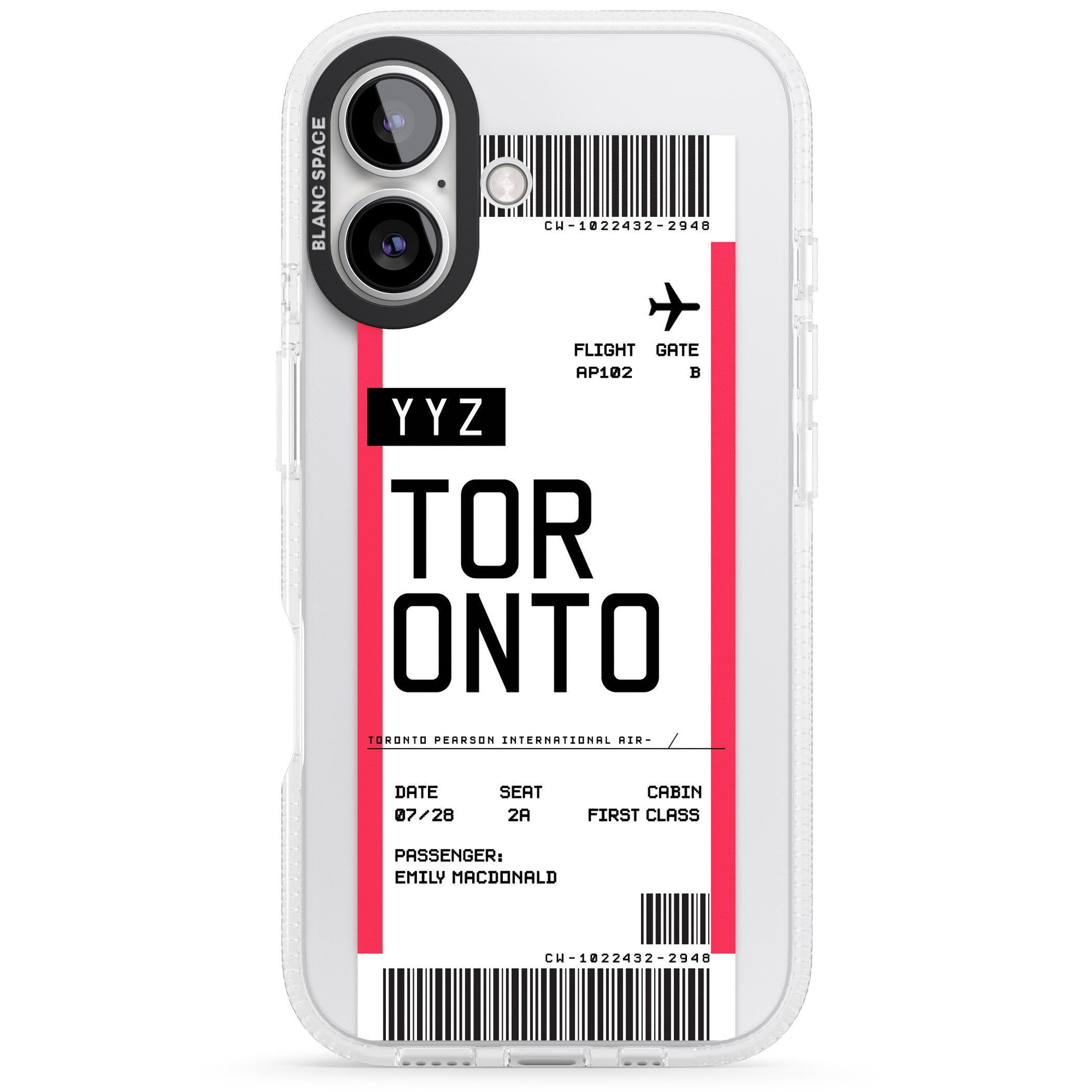 Personalised Toronto Boarding Pass iPhone 16 / 16 Plus Clear Case Impact Air - Blanc Space