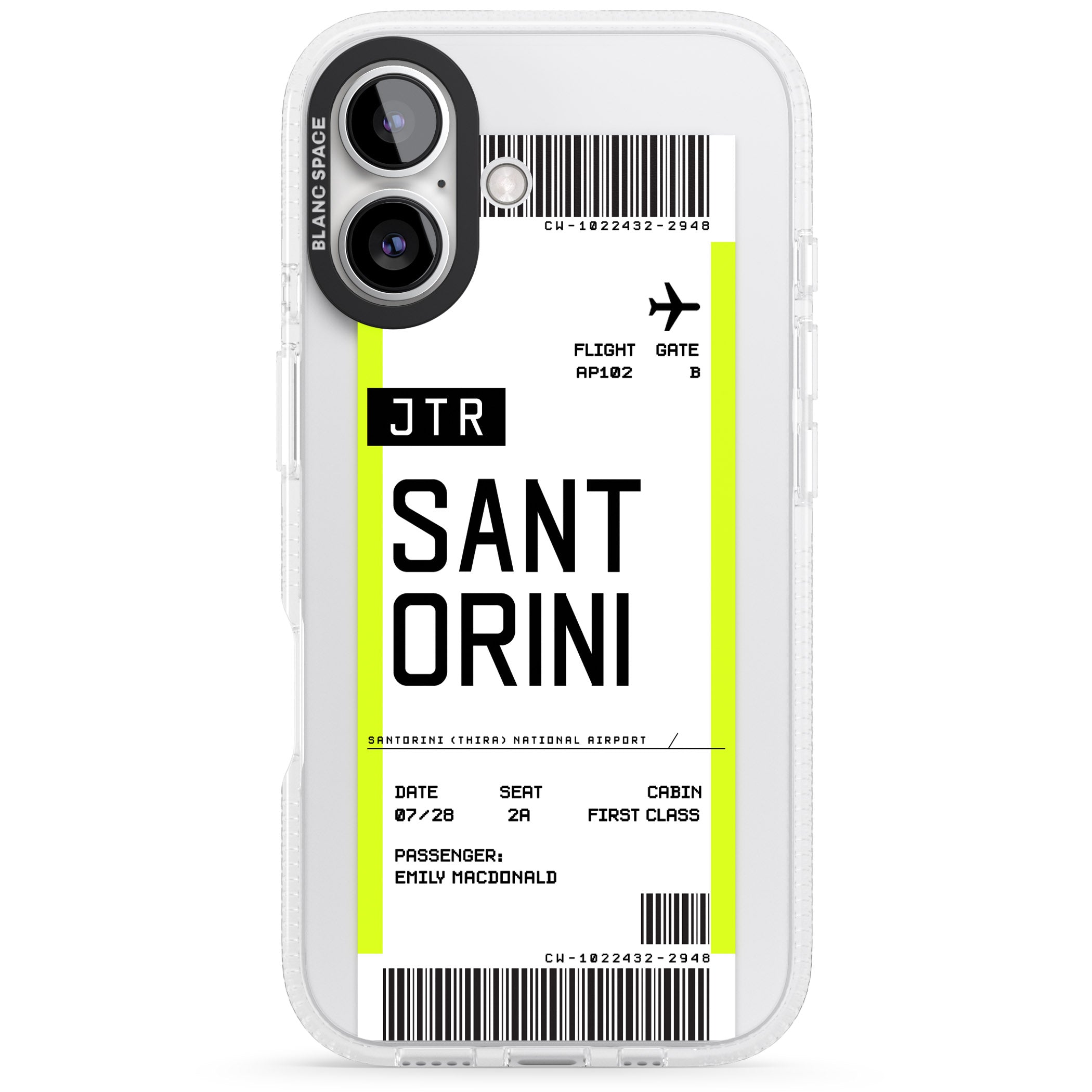 Personalised Santorini Boarding Pass iPhone 16 / 16 Plus Clear Case Impact Air - Blanc Space