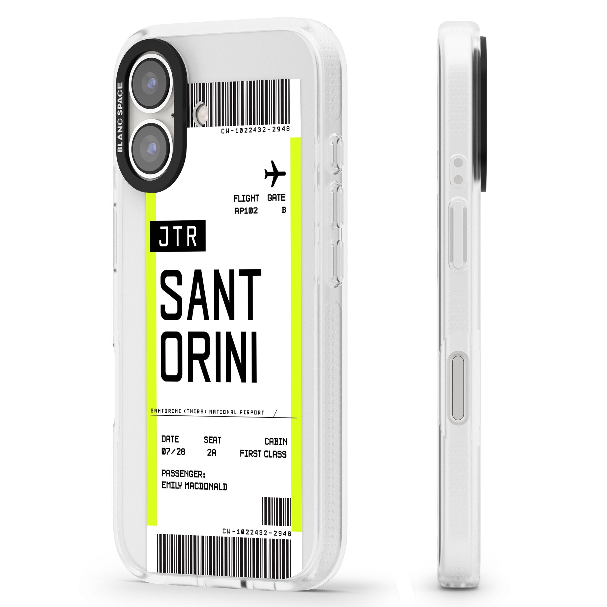 Personalised Santorini Boarding Pass iPhone 16 / 16 Plus Clear Case Impact Air - Blanc Space