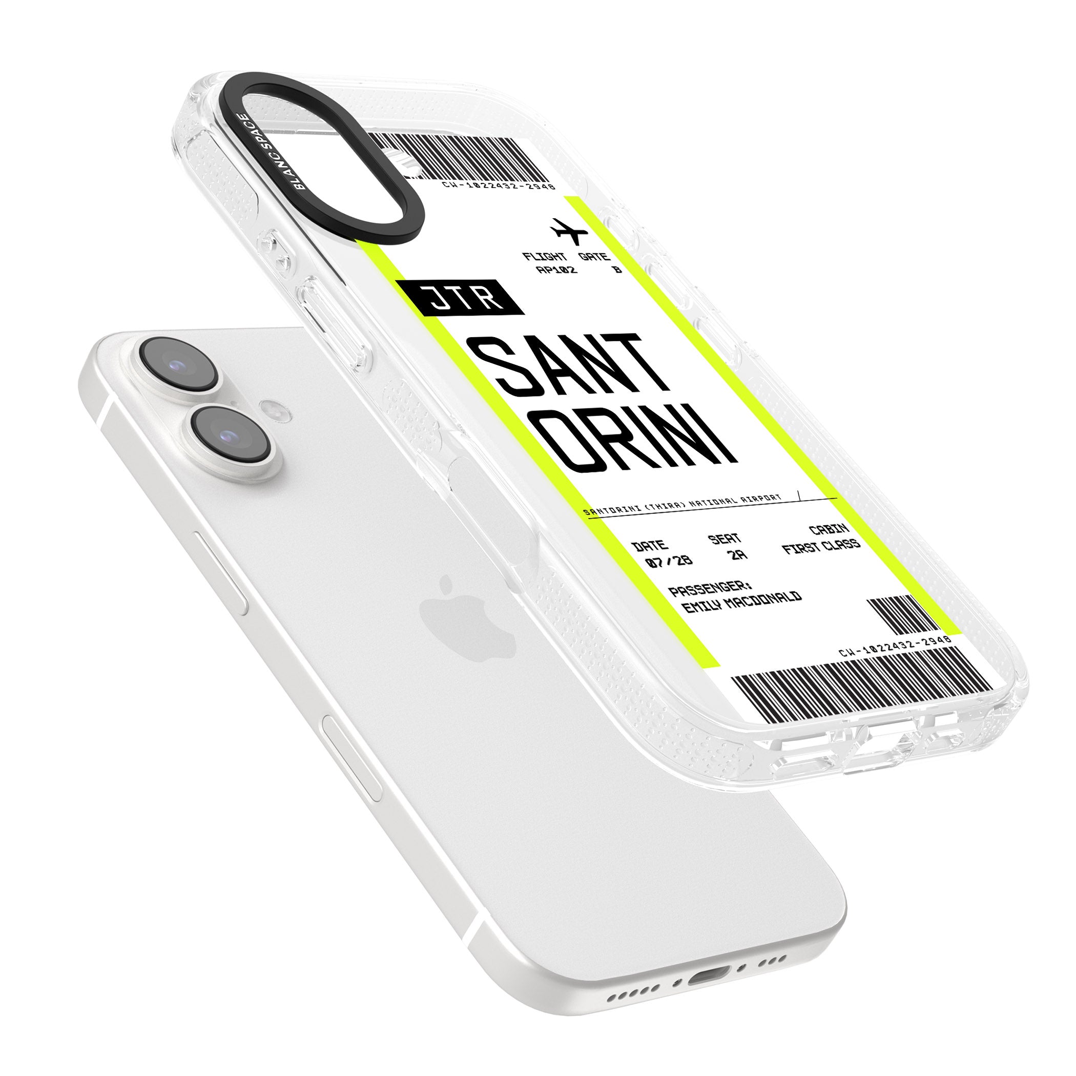 Personalised Santorini Boarding Pass iPhone 16 / 16 Plus Clear Case Impact Air - Blanc Space