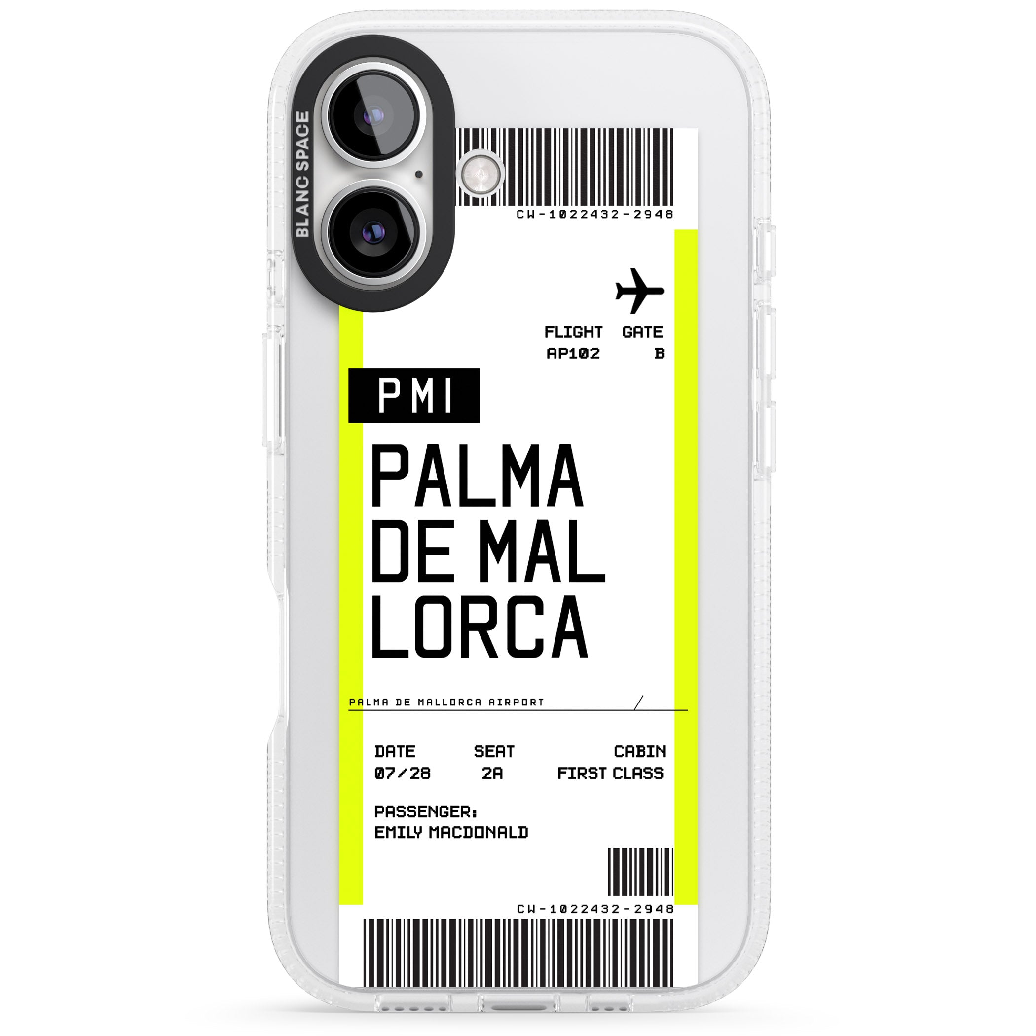 Personalised Palma De Mallorca Boarding Pass iPhone 16 / 16 Plus Clear Case Impact Air - Blanc Space