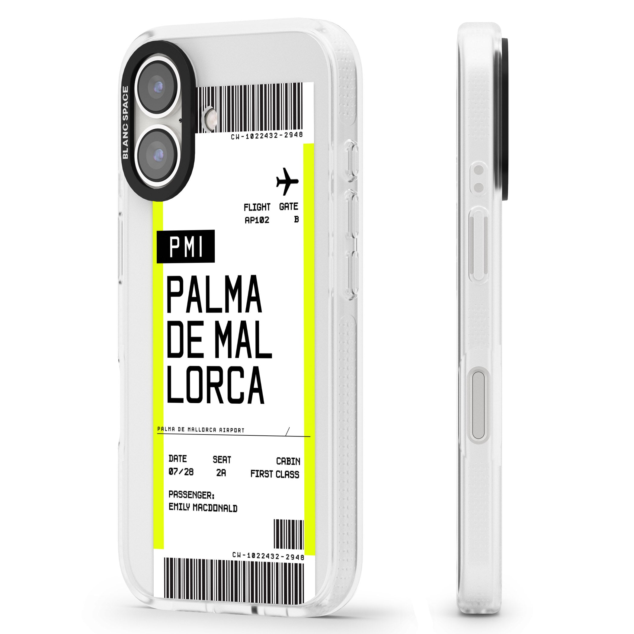 Personalised Palma De Mallorca Boarding Pass iPhone 16 / 16 Plus Clear Case Impact Air - Blanc Space