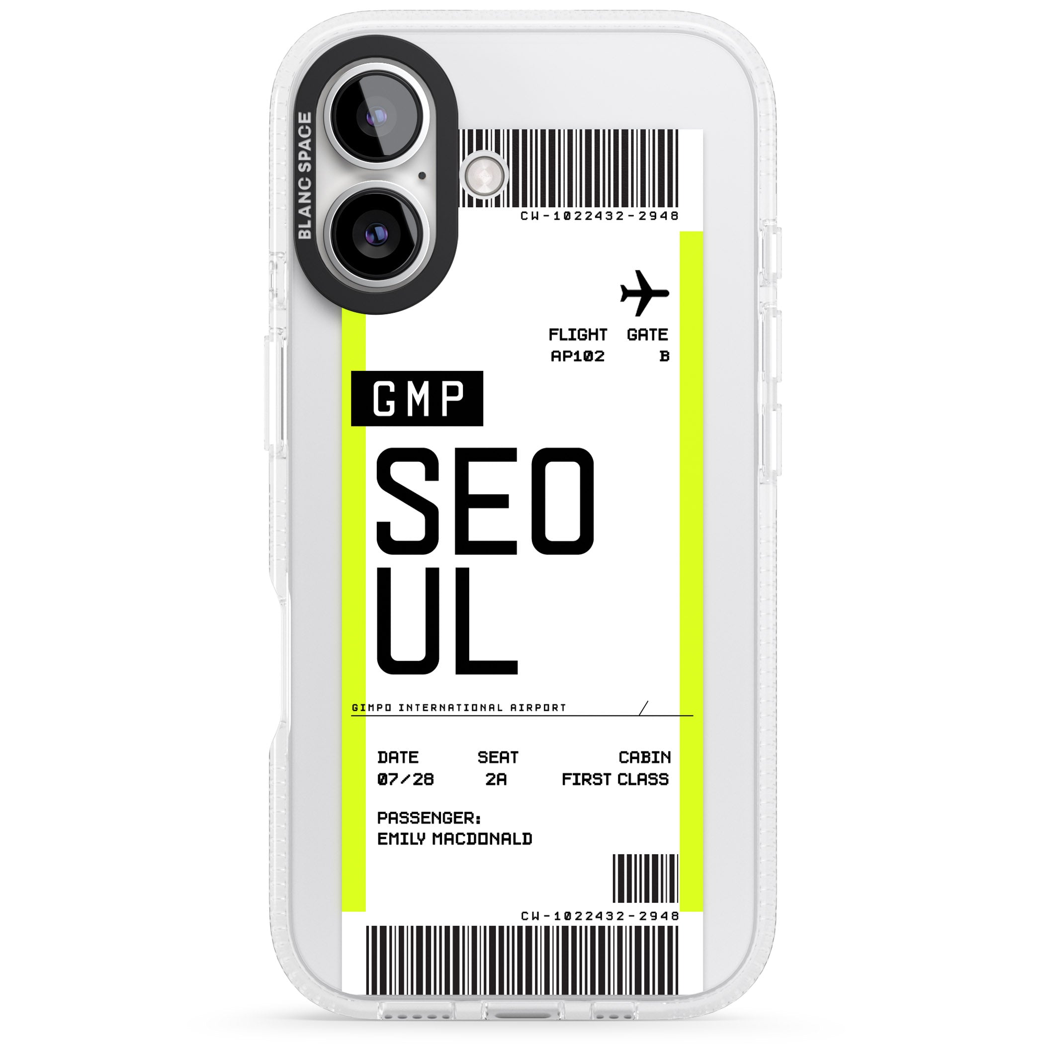 Personalised Seoul Boarding Pass iPhone 16 / 16 Plus Clear Case Impact Air - Blanc Space