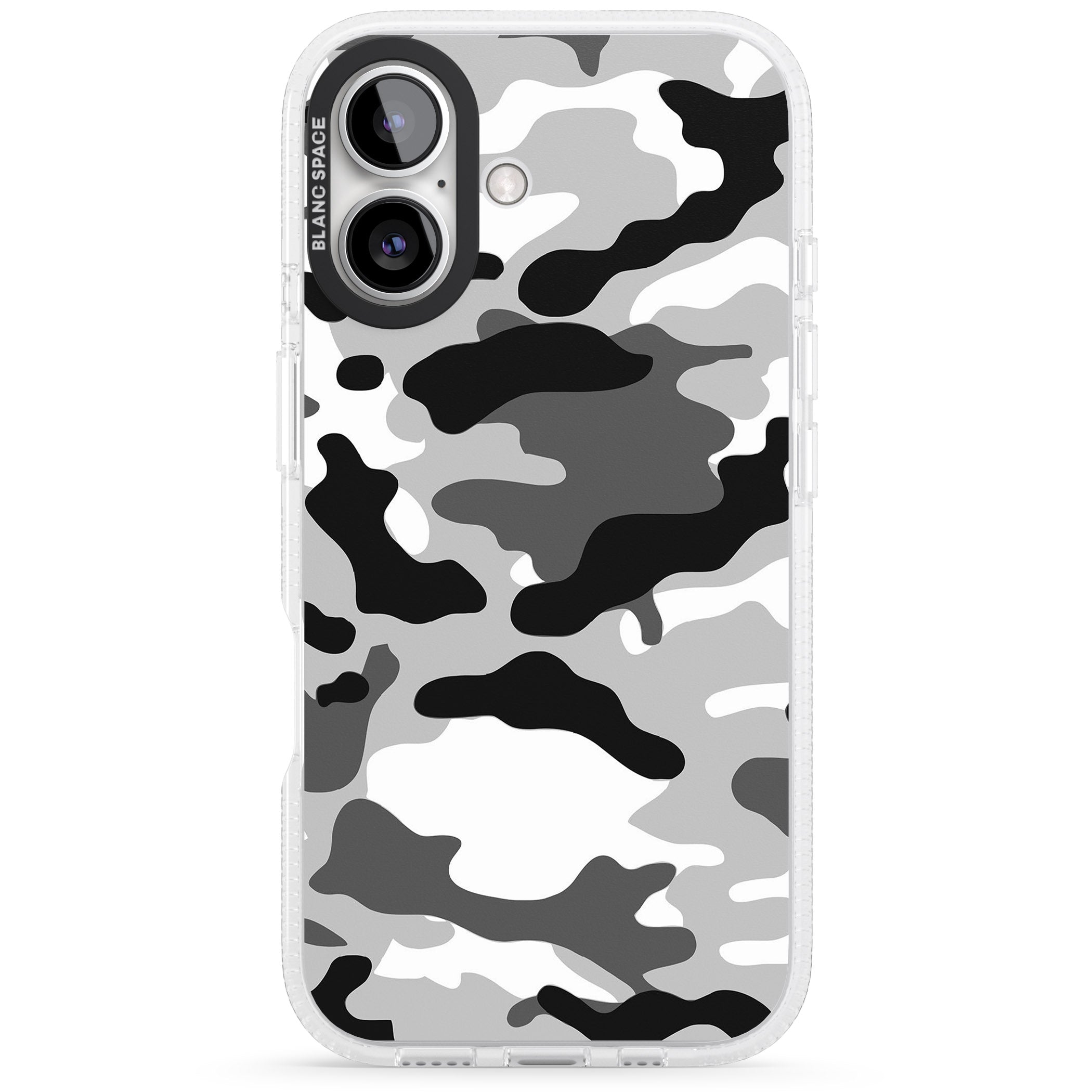 Grey Black Urban Camo iPhone 16 / 16 Plus Clear Case Impact Air - Blanc Space