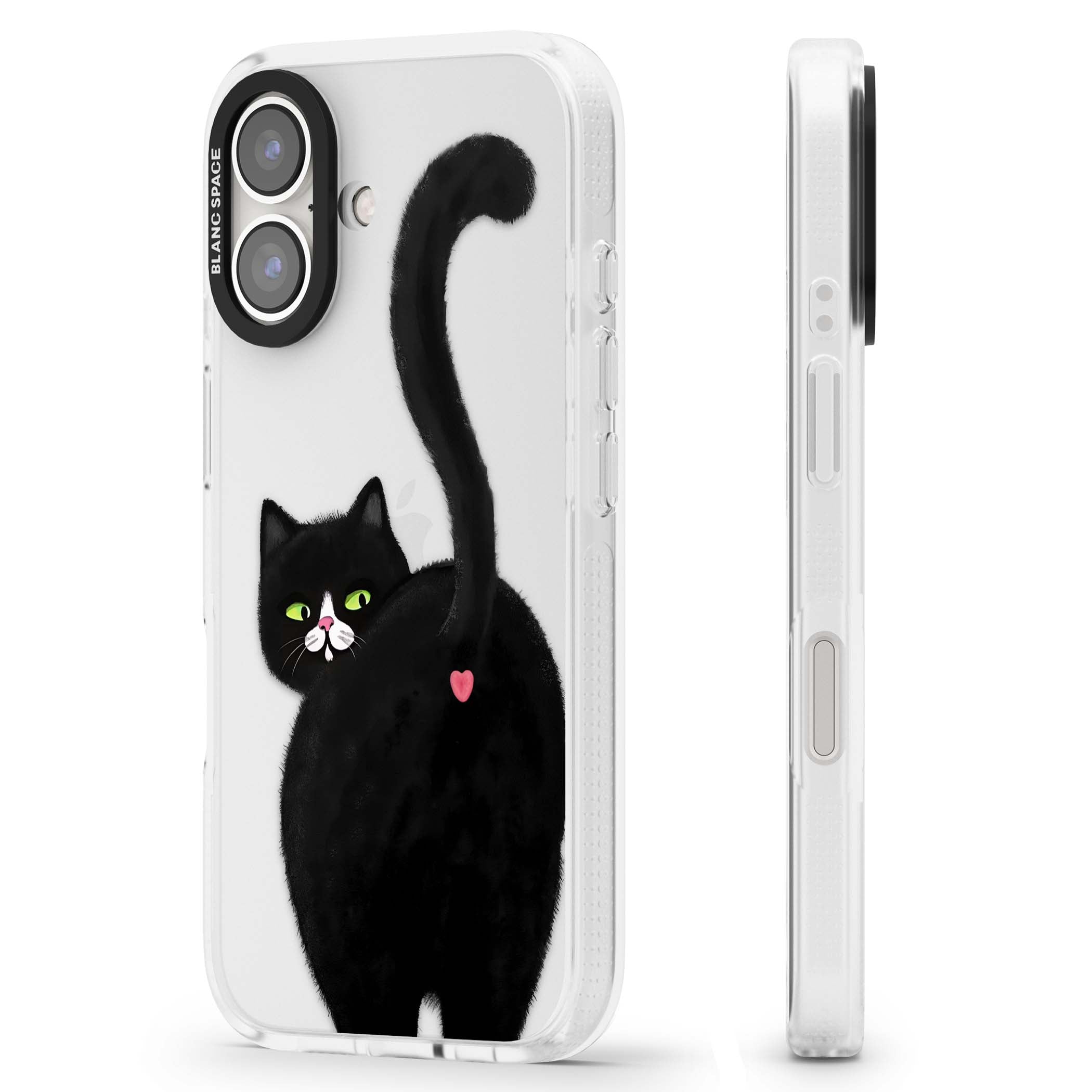 The Cat's Kiss cute cat iPhone case featuring a hand-painted tuxedo kitty with green eyes and a pink heart on a clear | Clear Case Impact Air case for iPhone 16, iPhone 16 Plus