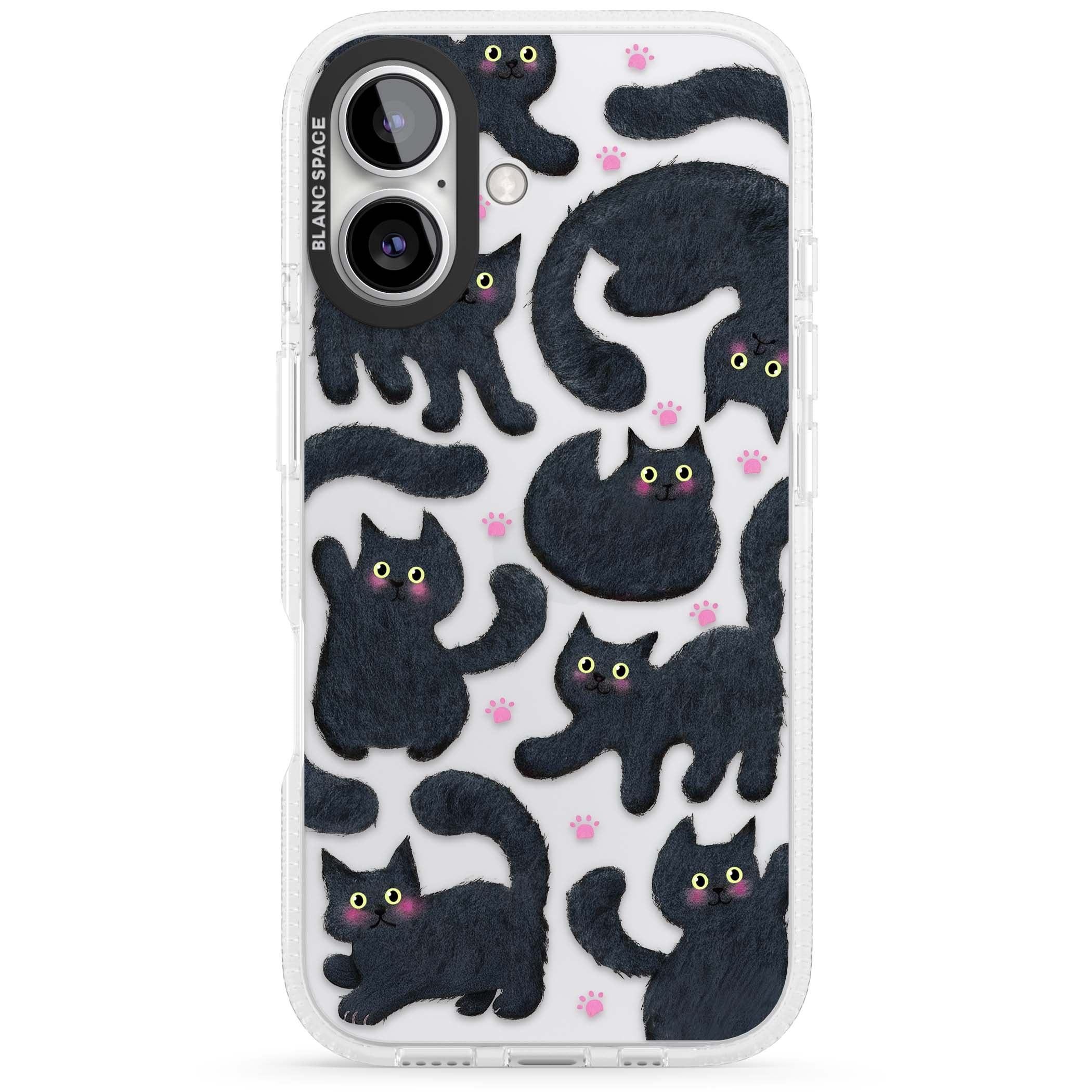 Midnight Cats cute iPhone case featuring black cat pattern with yellow eyes and pink paw prints | Clear Case Impact Air case for iPhone 16, iPhone 16 Plus