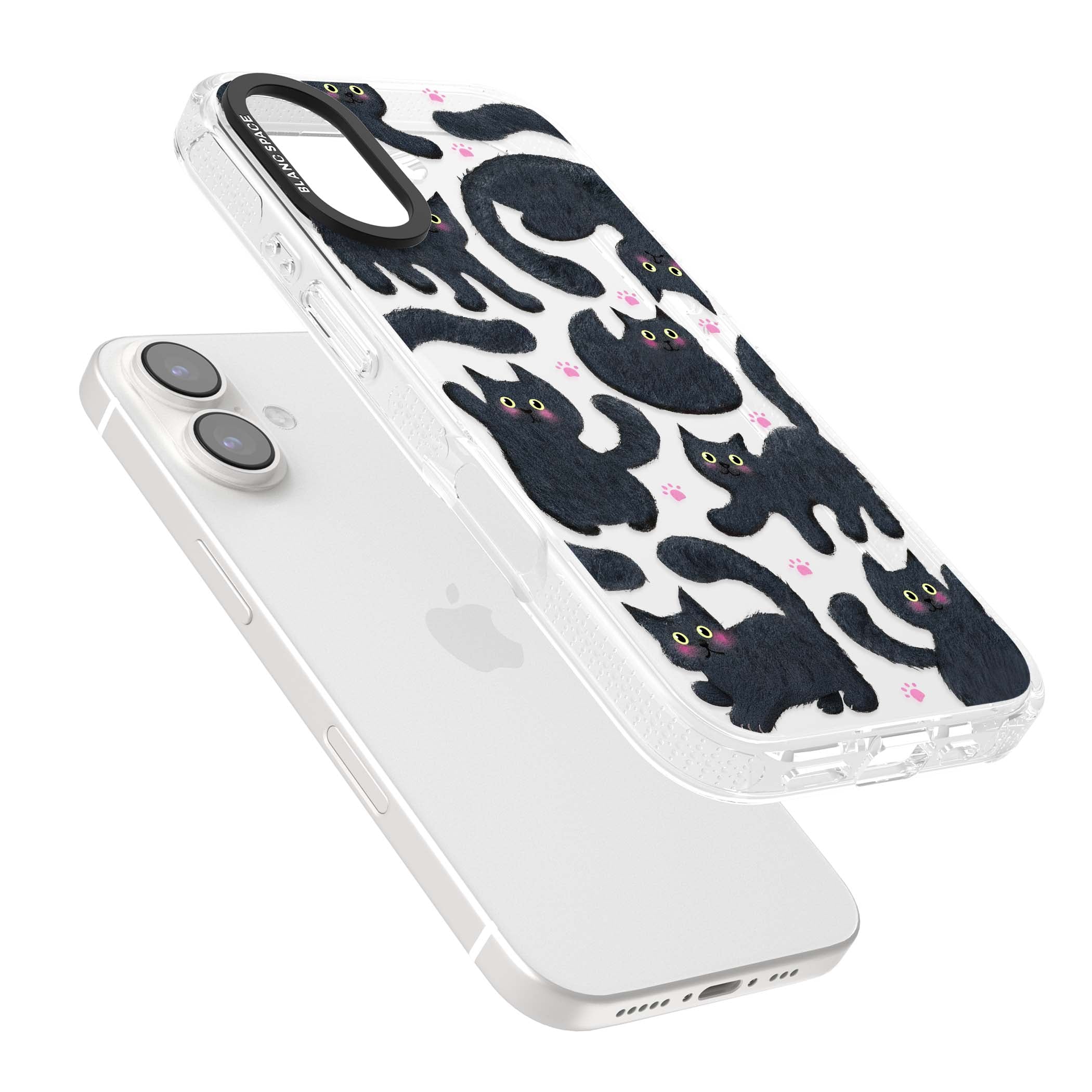 Midnight Cats cute iPhone case featuring black cat pattern with yellow eyes and pink paw prints | Clear Case Impact Air case for iPhone 16, iPhone 16 Plus
