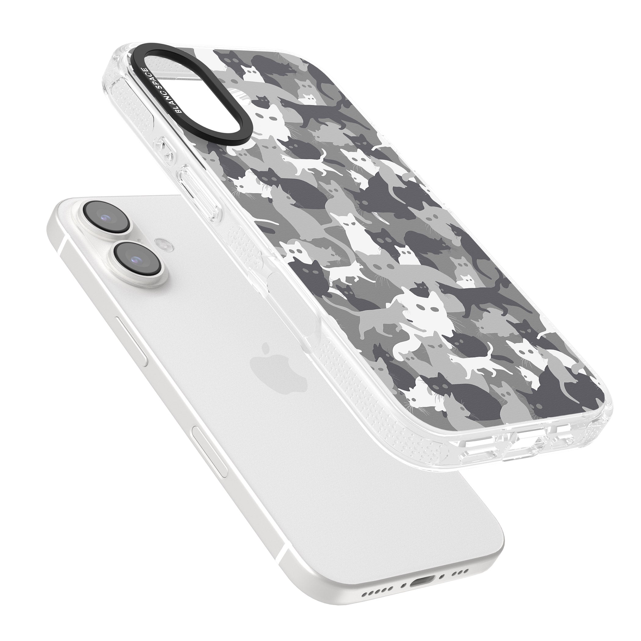Dark Grey Cat Camouflage Pattern iPhone 16 / 16 Plus Clear Case Impact Air - Blanc Space