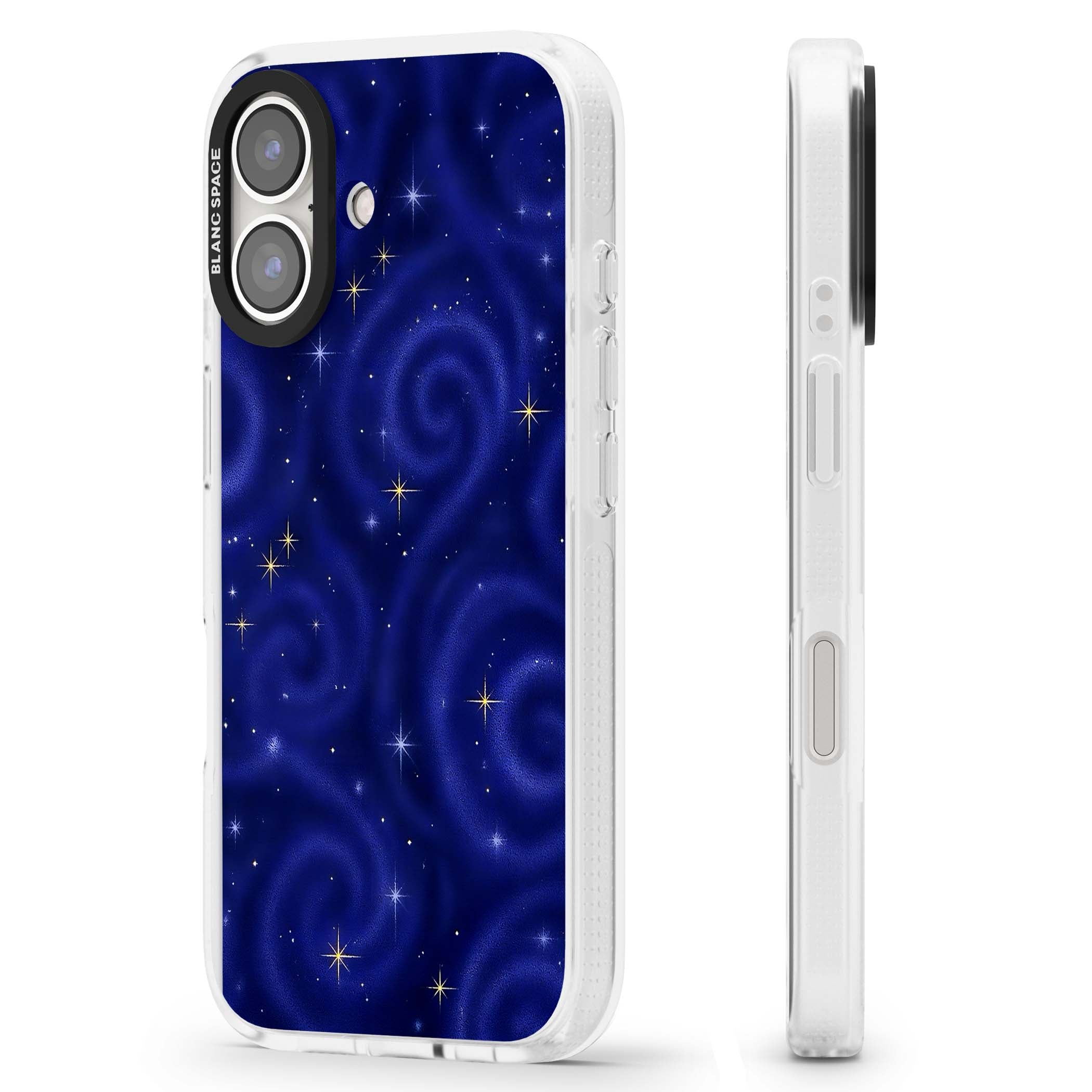 Indigo Cosmos celestial iPhone case featuring swirling navy night sky and sparkling golden stars | Clear Case Impact Air case for iPhone 16, iPhone 16 Plus