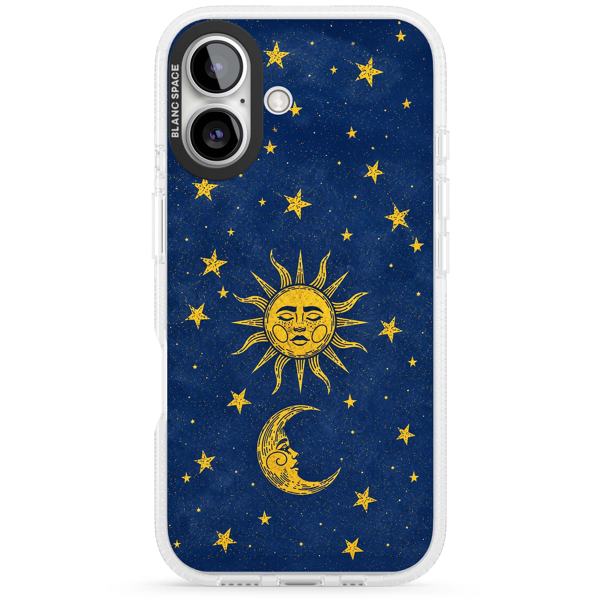 Sun & Moon Reverie celestial iPhone case featuring a vintage golden sun, crescent moon and scattered stars on midnight blue | Clear Case Impact Air case for iPhone 16, iPhone 16 Plus