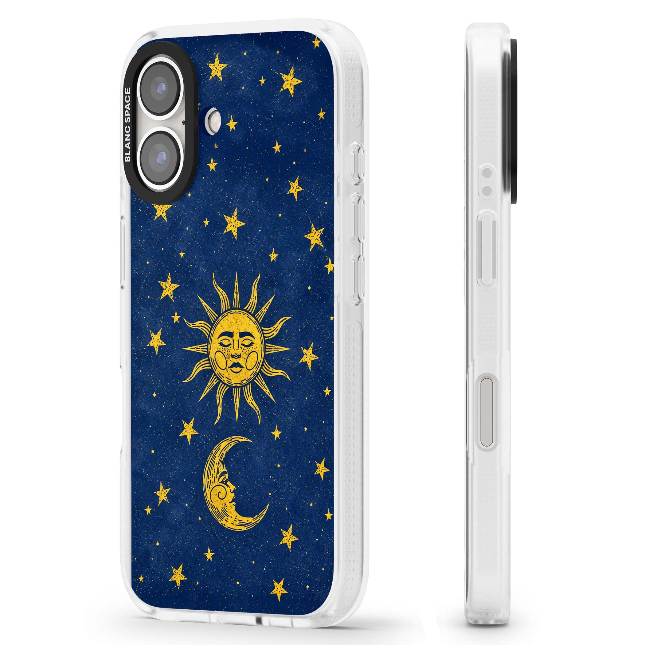 Sun & Moon Reverie celestial iPhone case featuring a vintage golden sun, crescent moon and scattered stars on midnight blue | Clear Case Impact Air case for iPhone 16, iPhone 16 Plus