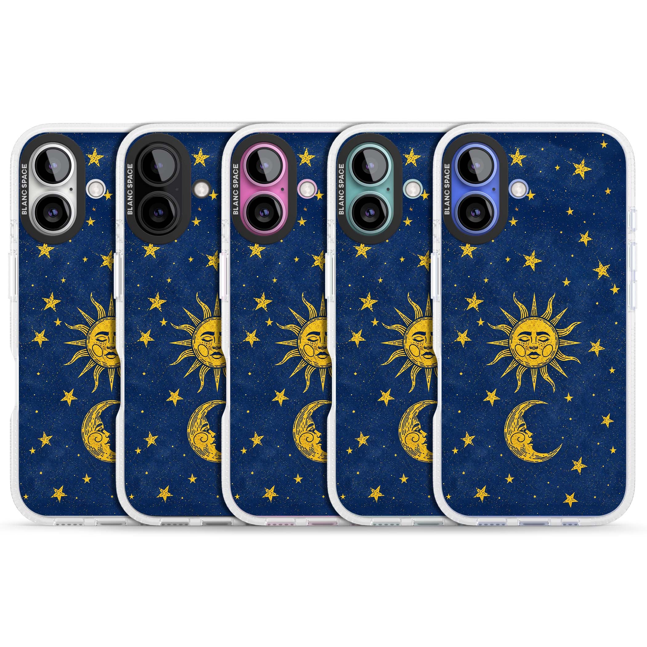 Sun & Moon Reverie celestial iPhone case featuring a vintage golden sun, crescent moon and scattered stars on midnight blue | Clear Case Impact Air case for iPhone 16, iPhone 16 Plus