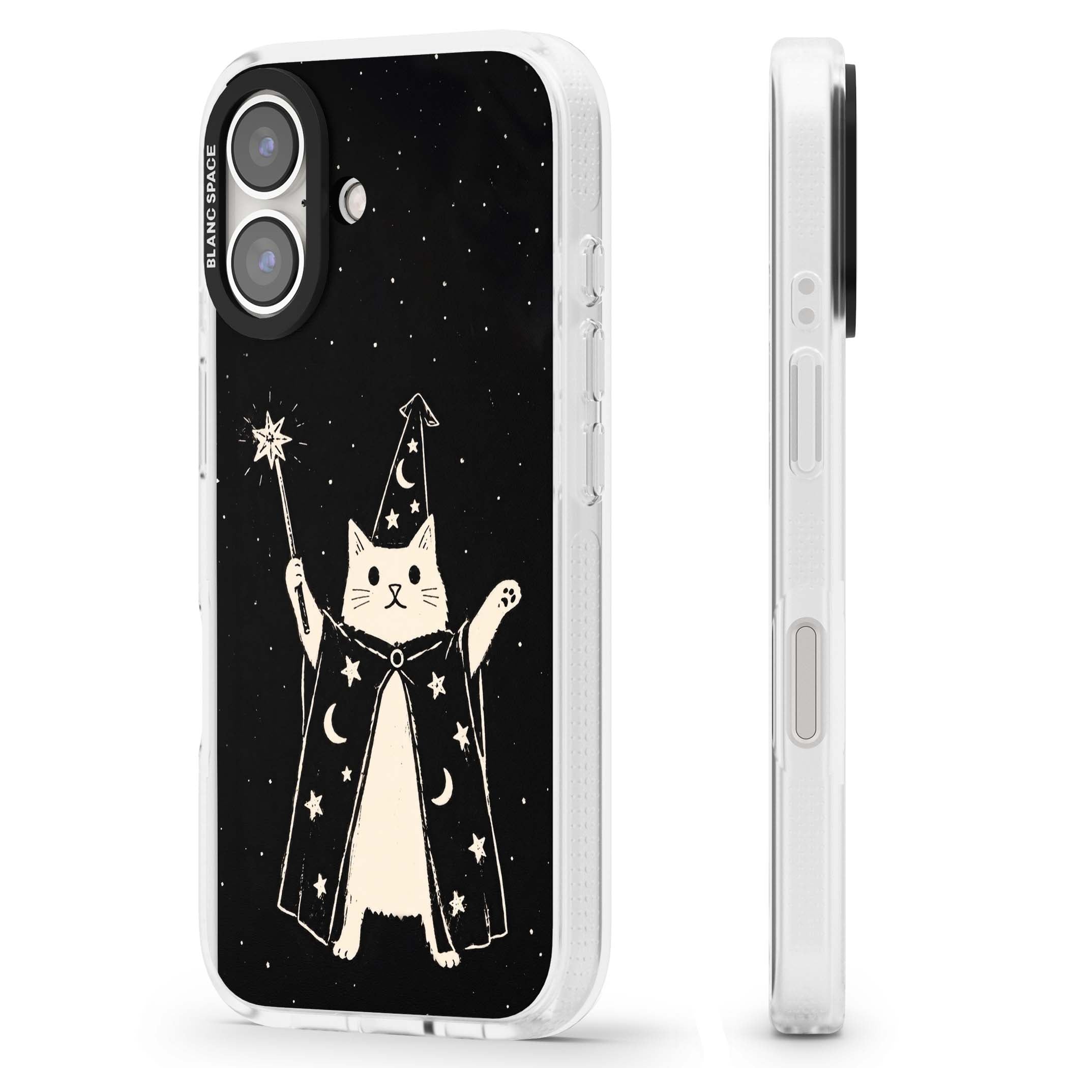 Whisker Wizard celestial cat iPhone case featuring a wizard cat with magic wand, starry night sky and crescent moons | Clear Case Impact Air case for iPhone 16, iPhone 16 Plus