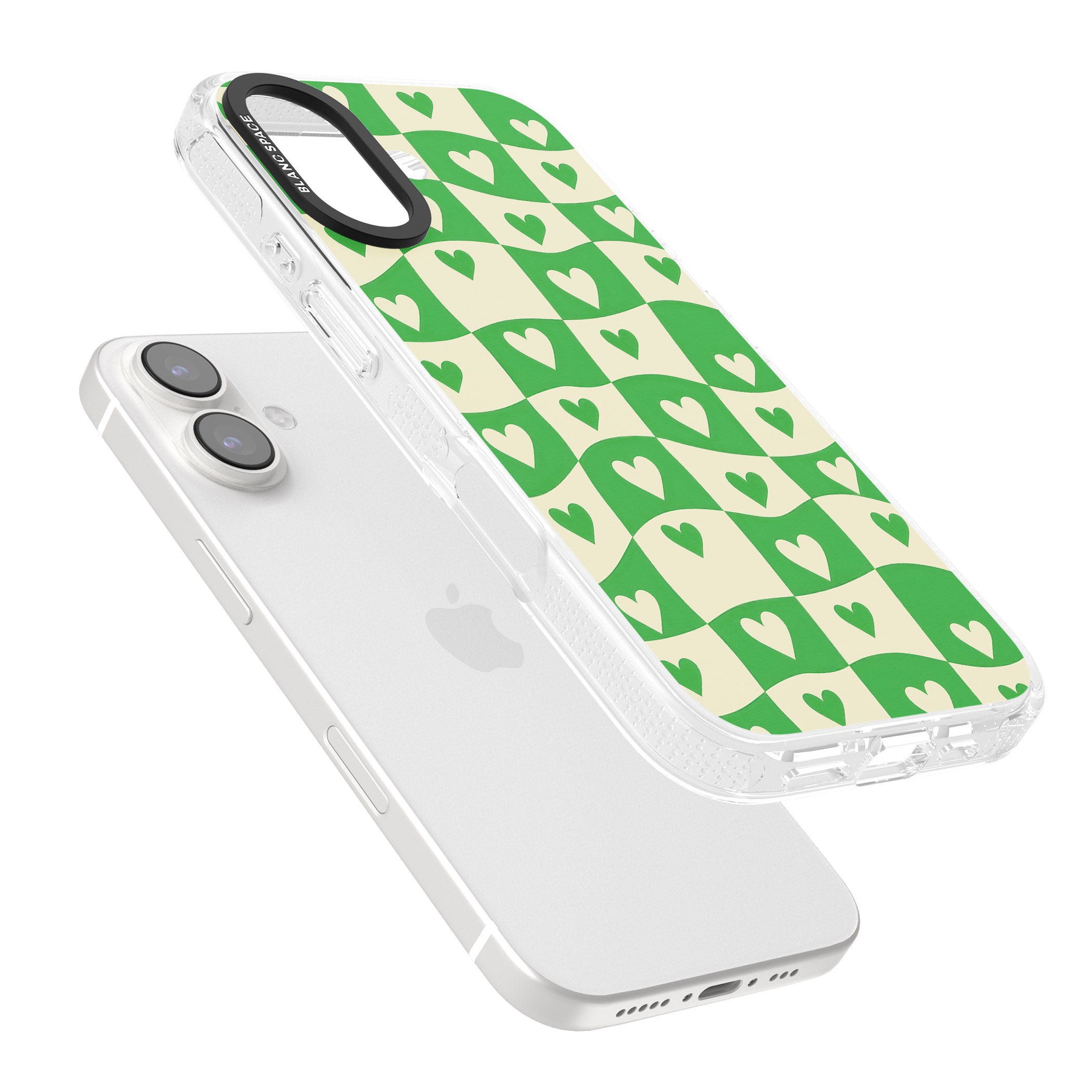 Green Wavy Checked & Hearts iPhone 16 / 16 Plus Clear Case Impact Air - Blanc Space