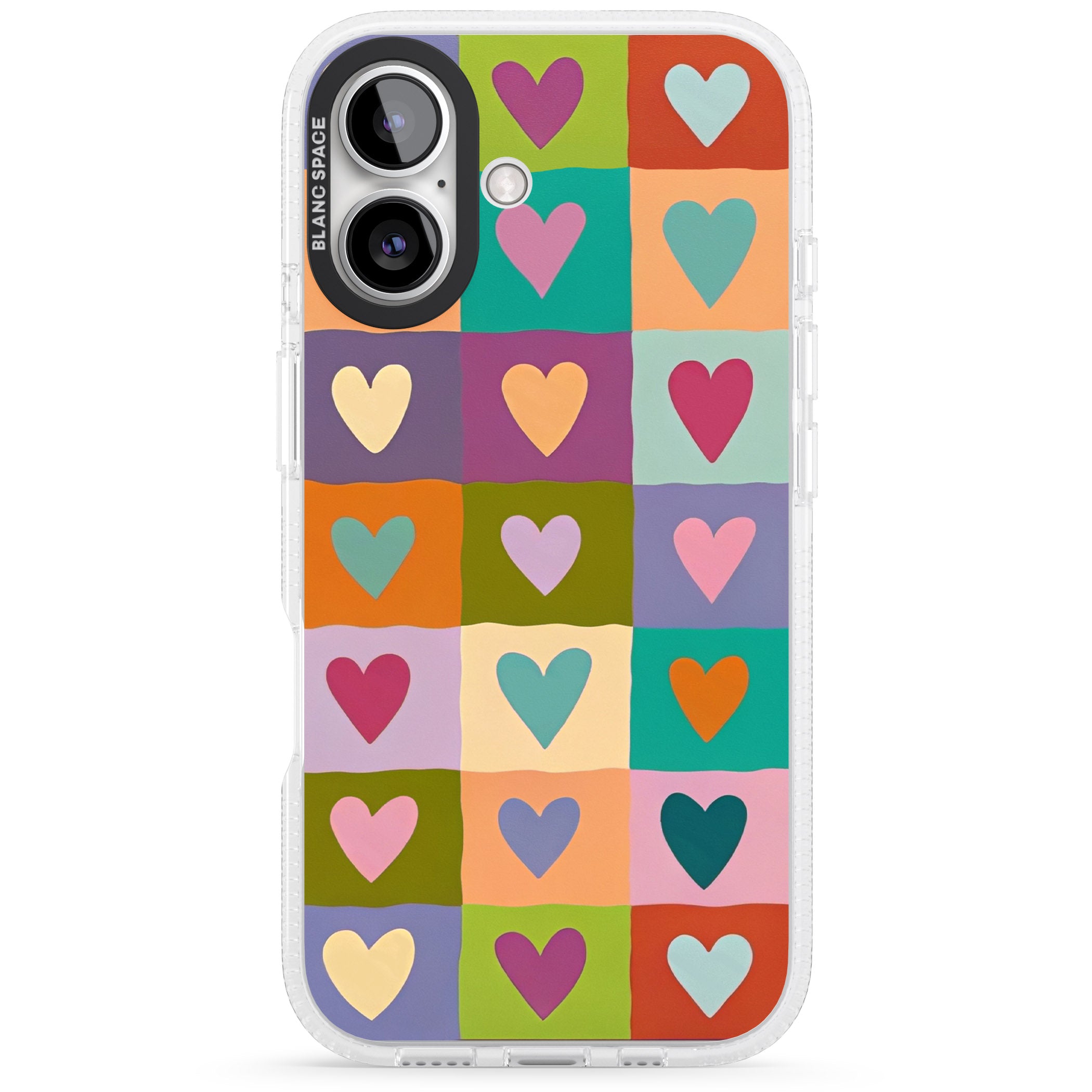 Multicolour Checked Hearts iPhone 16 / 16 Plus Clear Case Impact Air - Blanc Space