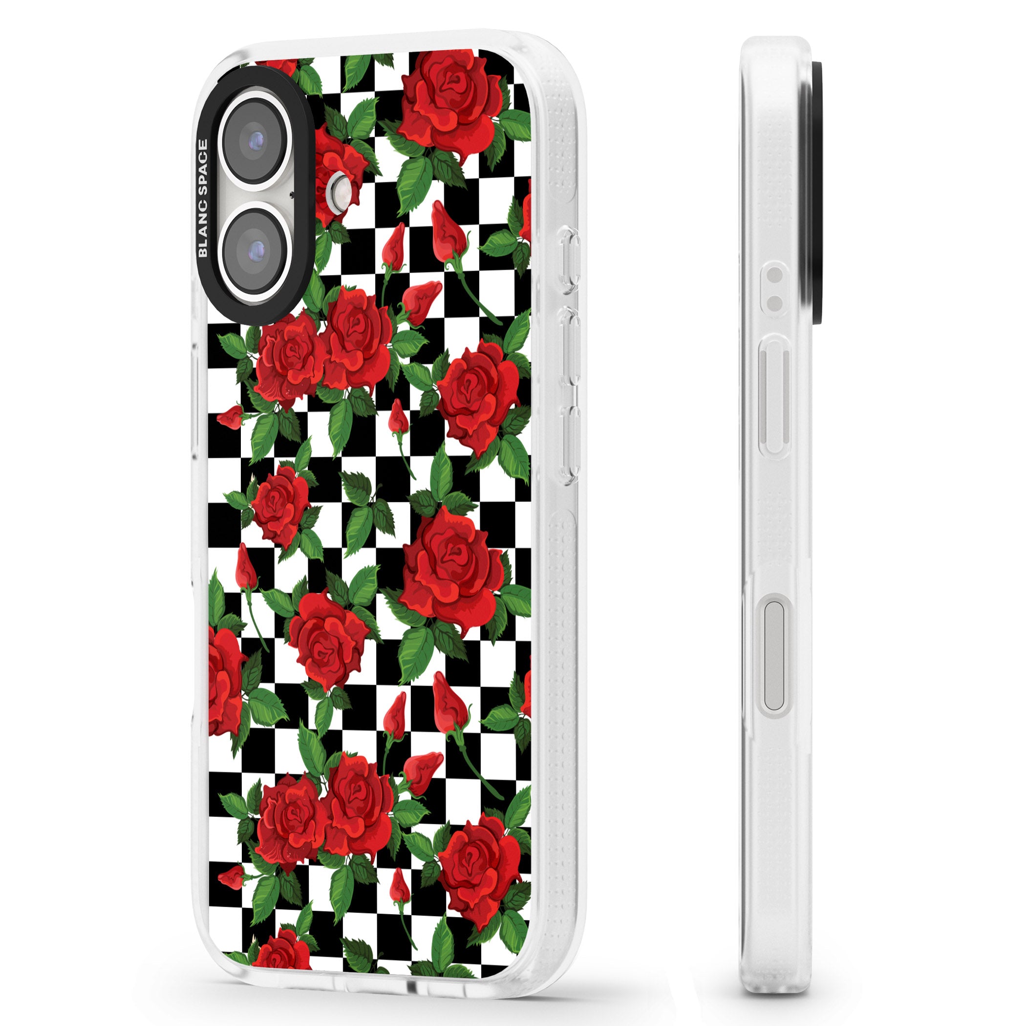 Checkered Pattern & Red Roses iPhone 16 / 16 Plus Clear Case Impact Air - Blanc Space