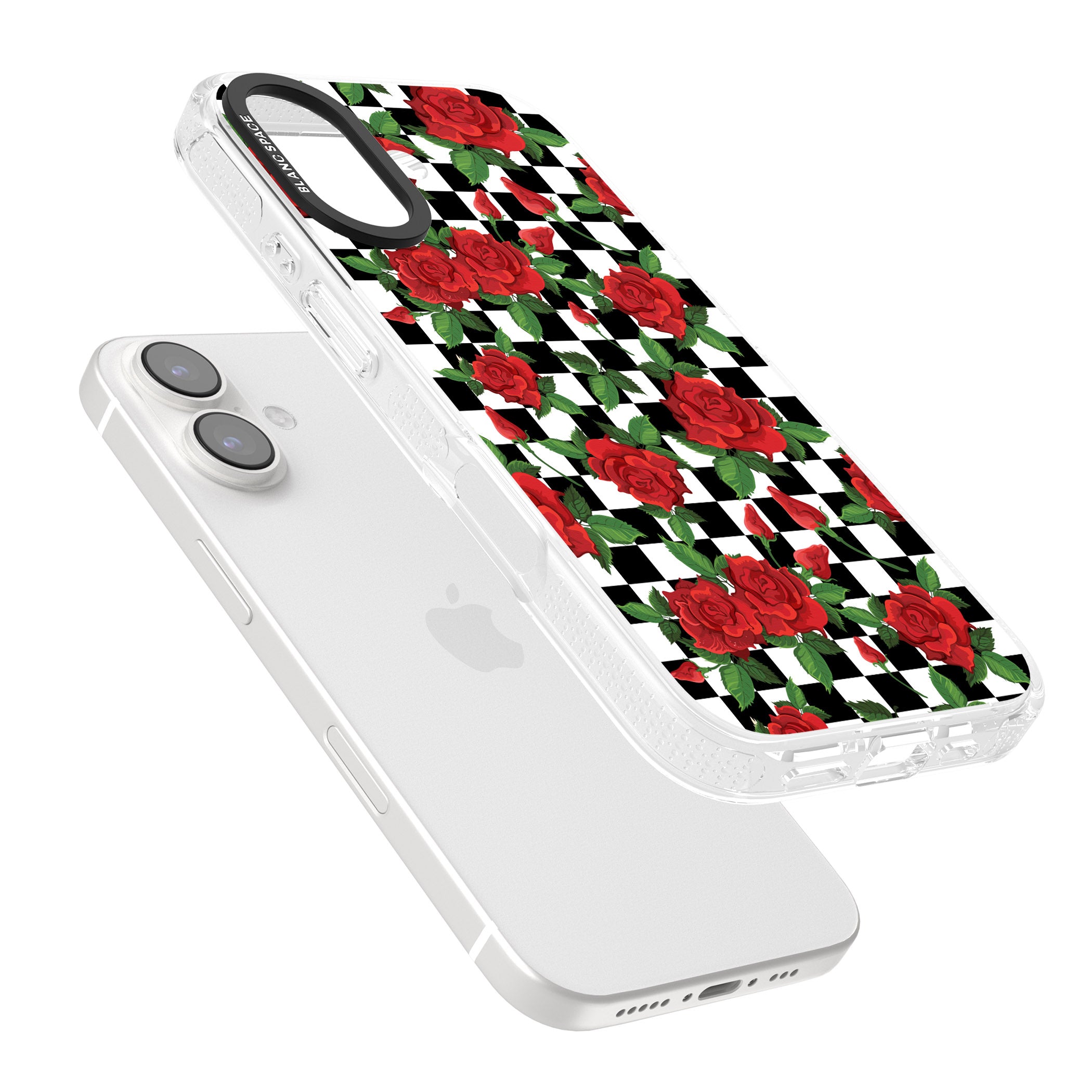 Checkered Pattern & Red Roses iPhone 16 / 16 Plus Clear Case Impact Air - Blanc Space