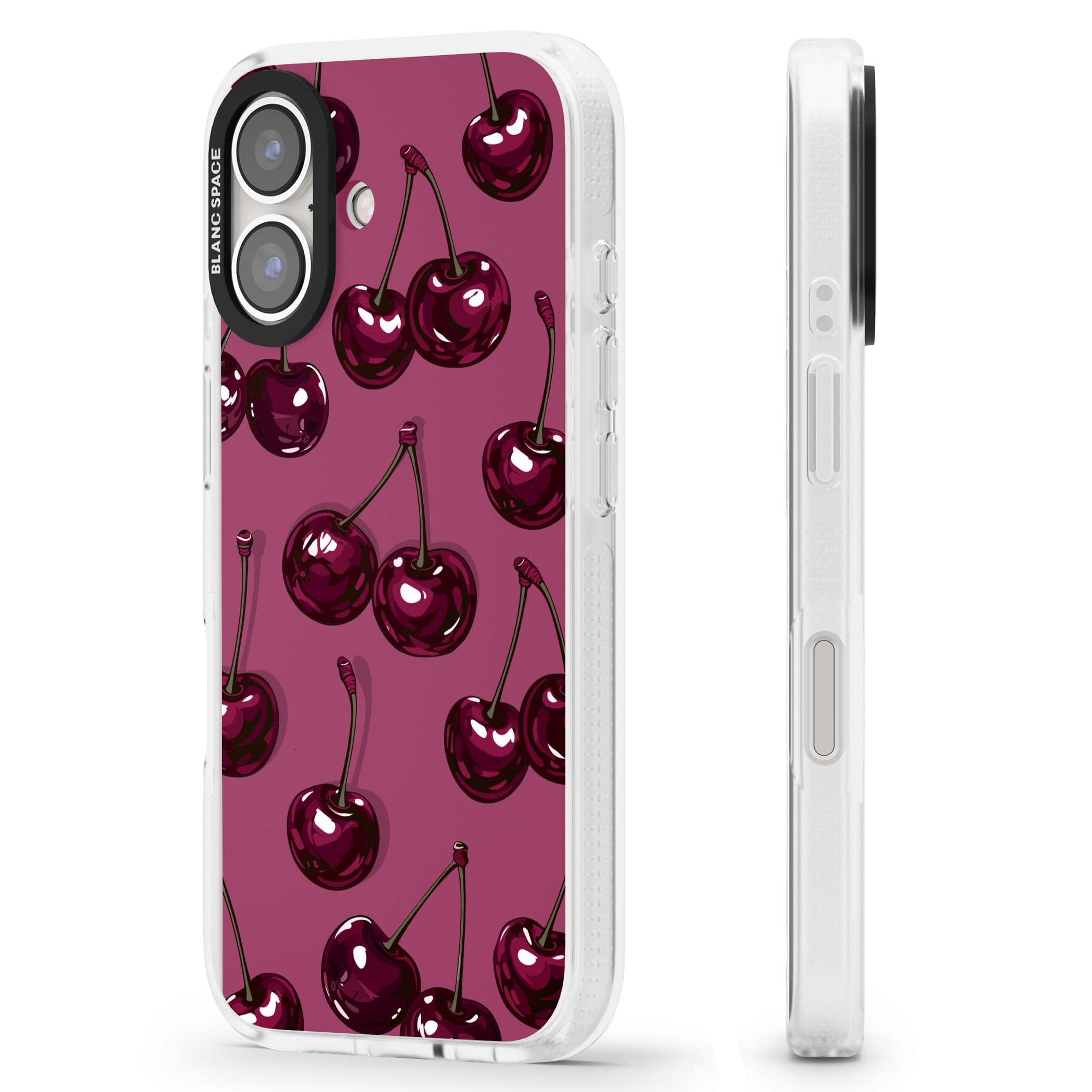 Cherry Soda coquette iPhone case featuring glossy burgundy cherries on a dusty pink background | Clear Case Impact Air case for iPhone 16, iPhone 16 Plus
