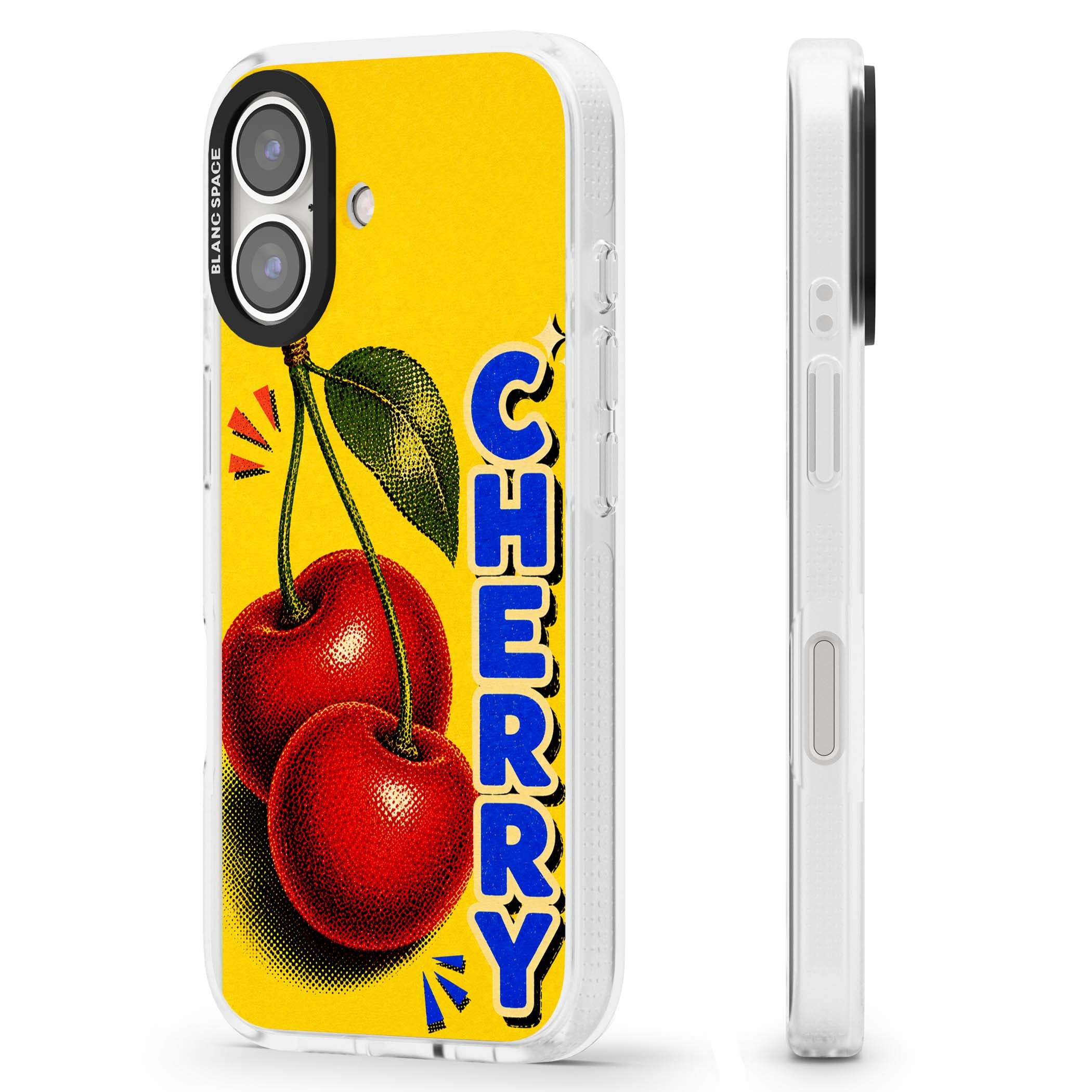 Cherry Yellow y2k iPhone case featuring two red cherries, halftone shading and bold blue CHERRY lettering on yellow | Clear Case Impact Air case for iPhone 16, iPhone 16 Plus