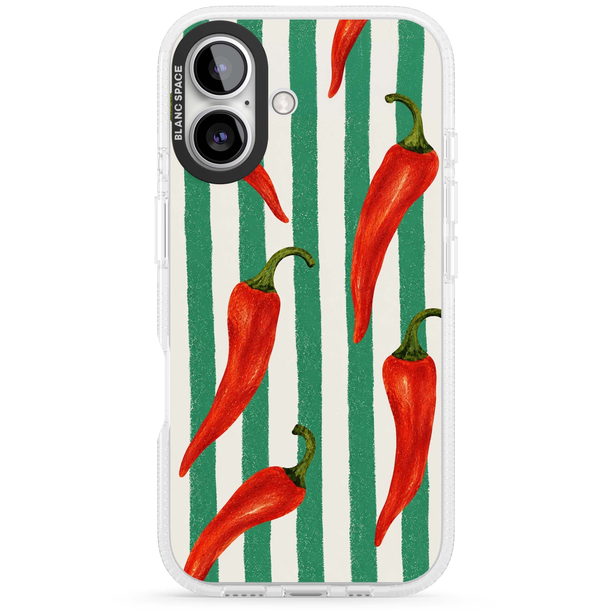Striped Chillis coastal iPhone case featuring hand-painted red chili peppers on green and cream stripes | Clear Case Impact Air case for iPhone 16, iPhone 16 Plus