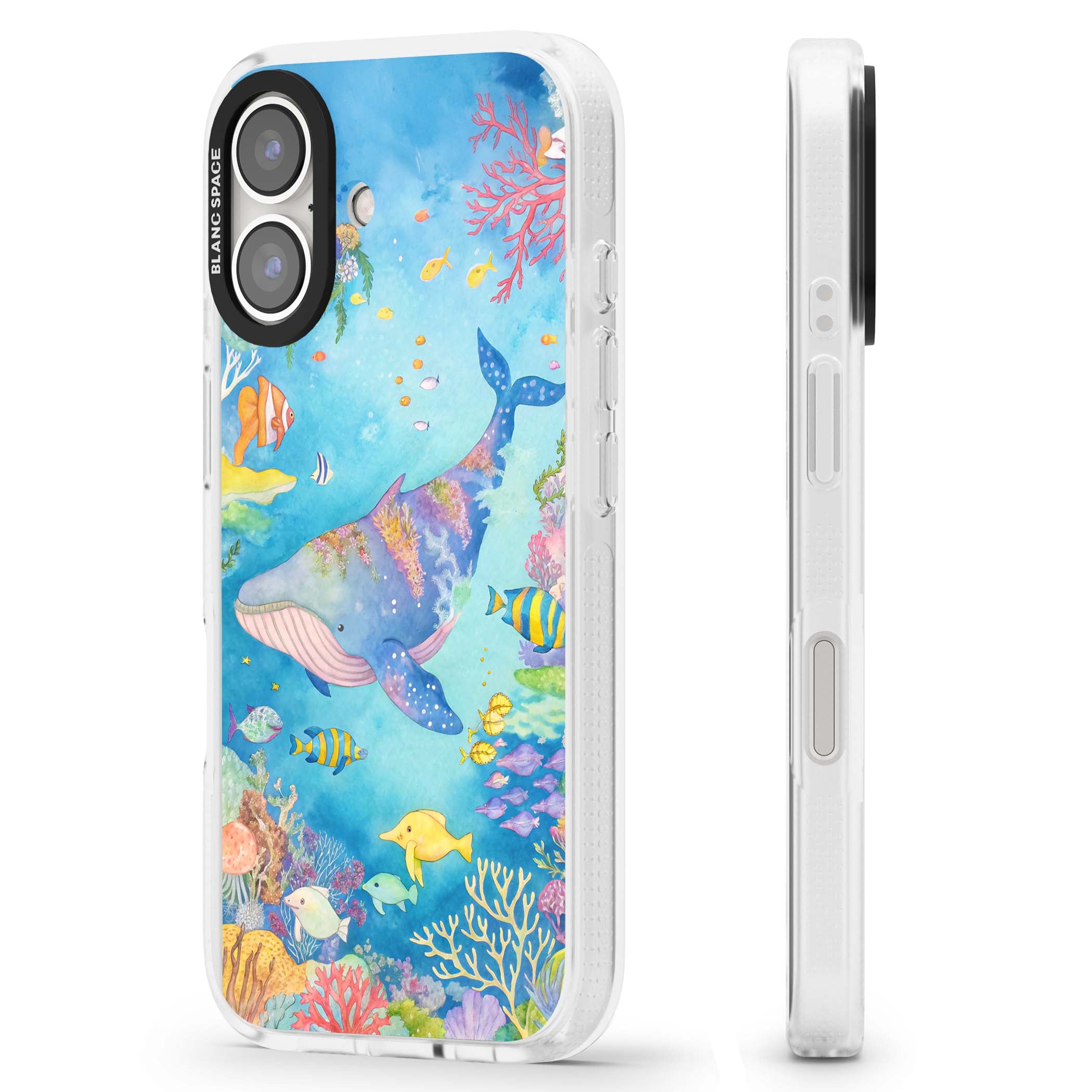 Coral Lagoon ocean iPhone case featuring a watercolour whale, coral reef and tropical fish | Clear Case Impact Air case for iPhone 16, iPhone 16 Plus