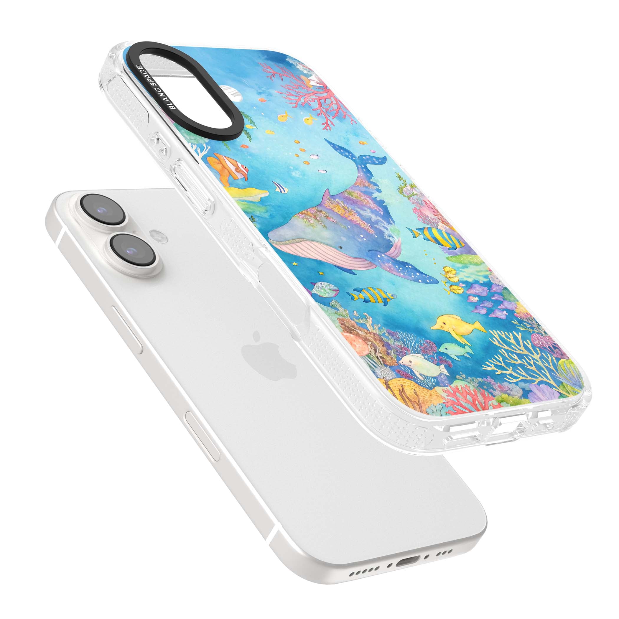Coral Lagoon ocean iPhone case featuring a watercolour whale, coral reef and tropical fish | Clear Case Impact Air case for iPhone 16, iPhone 16 Plus