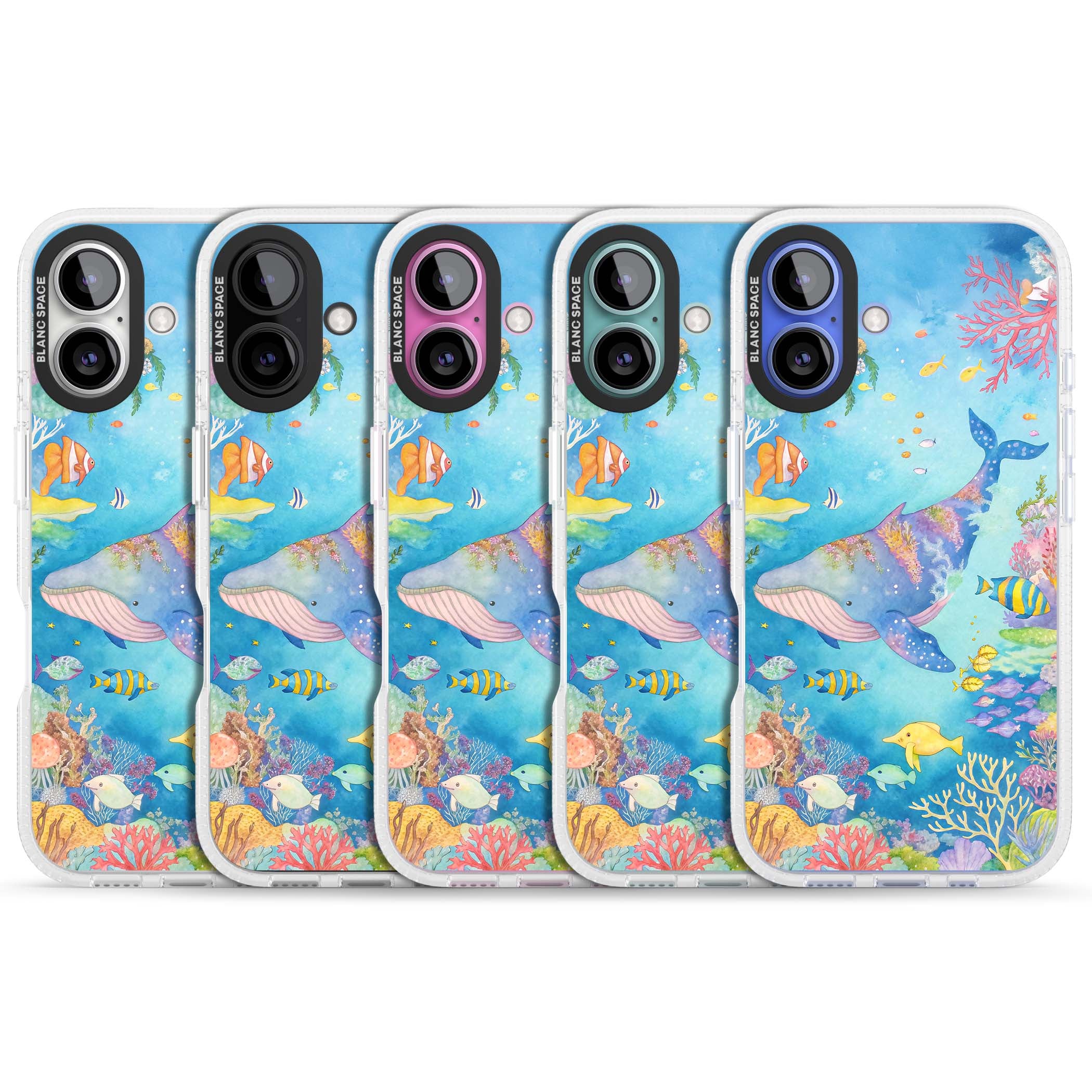 Coral Lagoon ocean iPhone case featuring a watercolour whale, coral reef and tropical fish | Clear Case Impact Air case for iPhone 16, iPhone 16 Plus