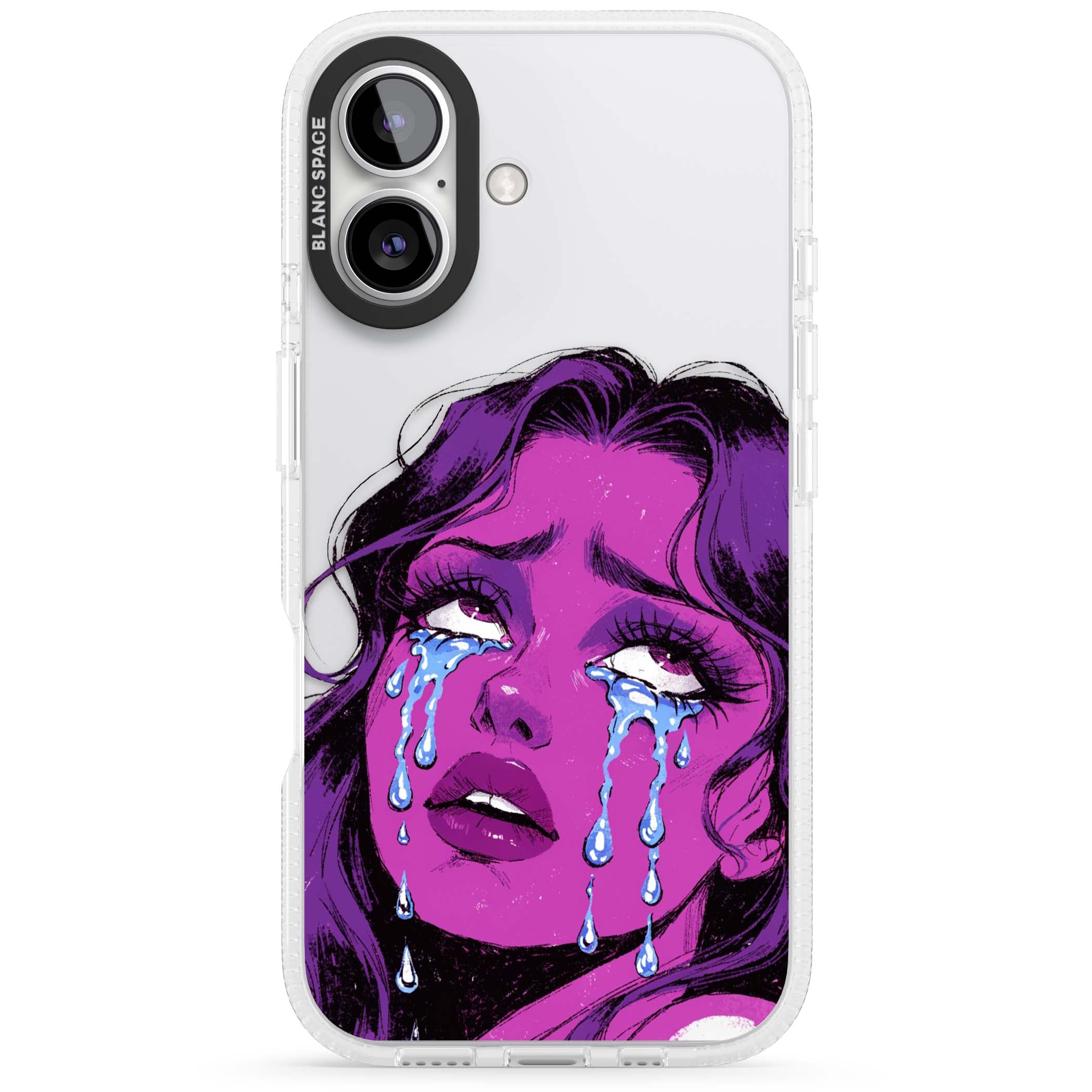 Drama Queen pop art iPhone case featuring a purple crying comic girl with blue tears | Clear Case Impact Air case for iPhone 16, iPhone 16 Plus