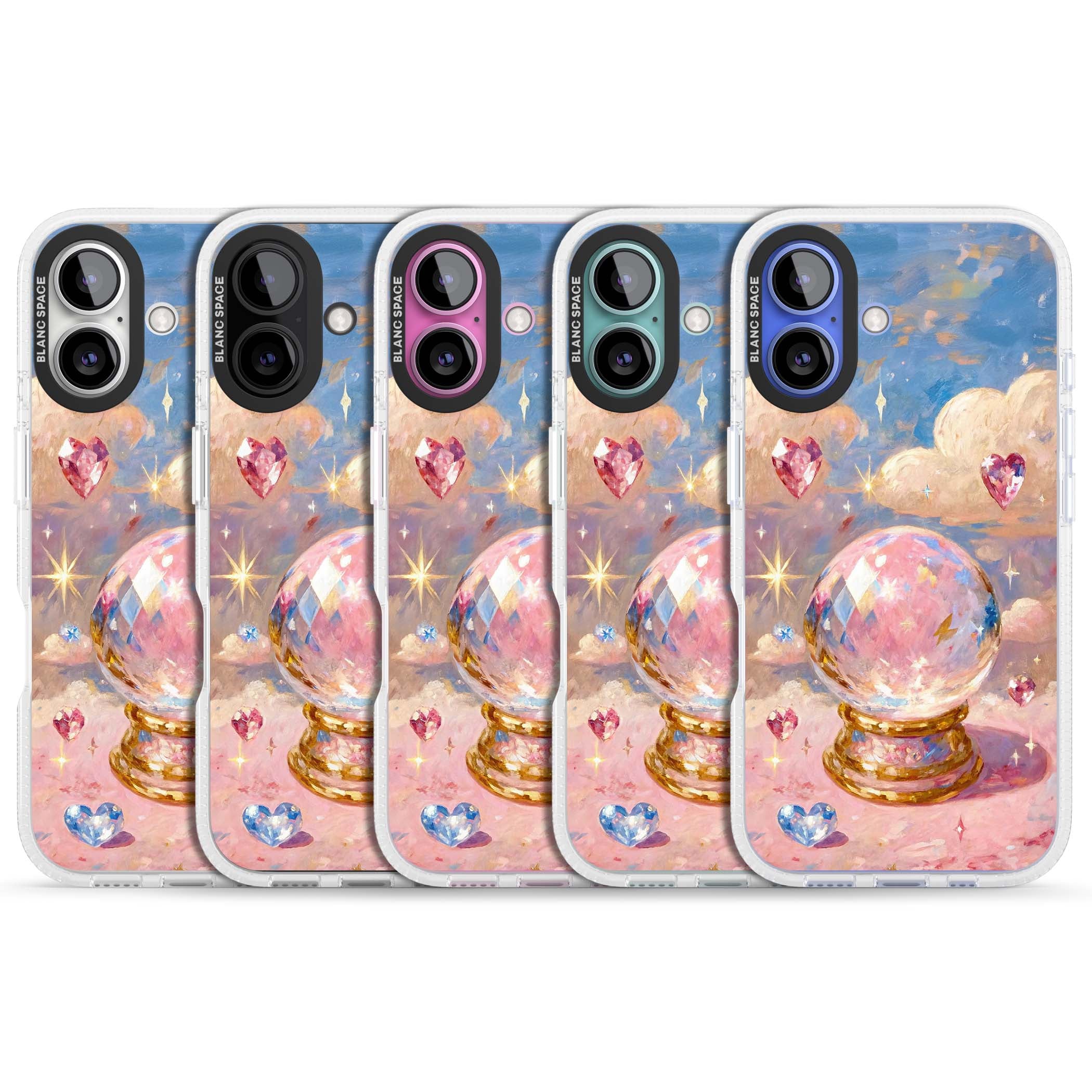 Crystal Ball fairycore iPhone case featuring a painted crystal ball, heart gemstones, and pastel clouds | Clear Case Impact Air case for iPhone 16, iPhone 16 Plus