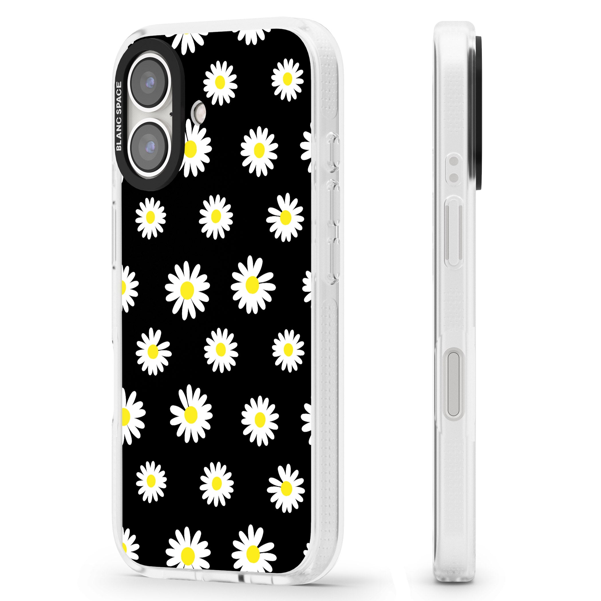 White Daisy Pattern (Black) iPhone 16 / 16 Plus Clear Case Impact Air - Blanc Space