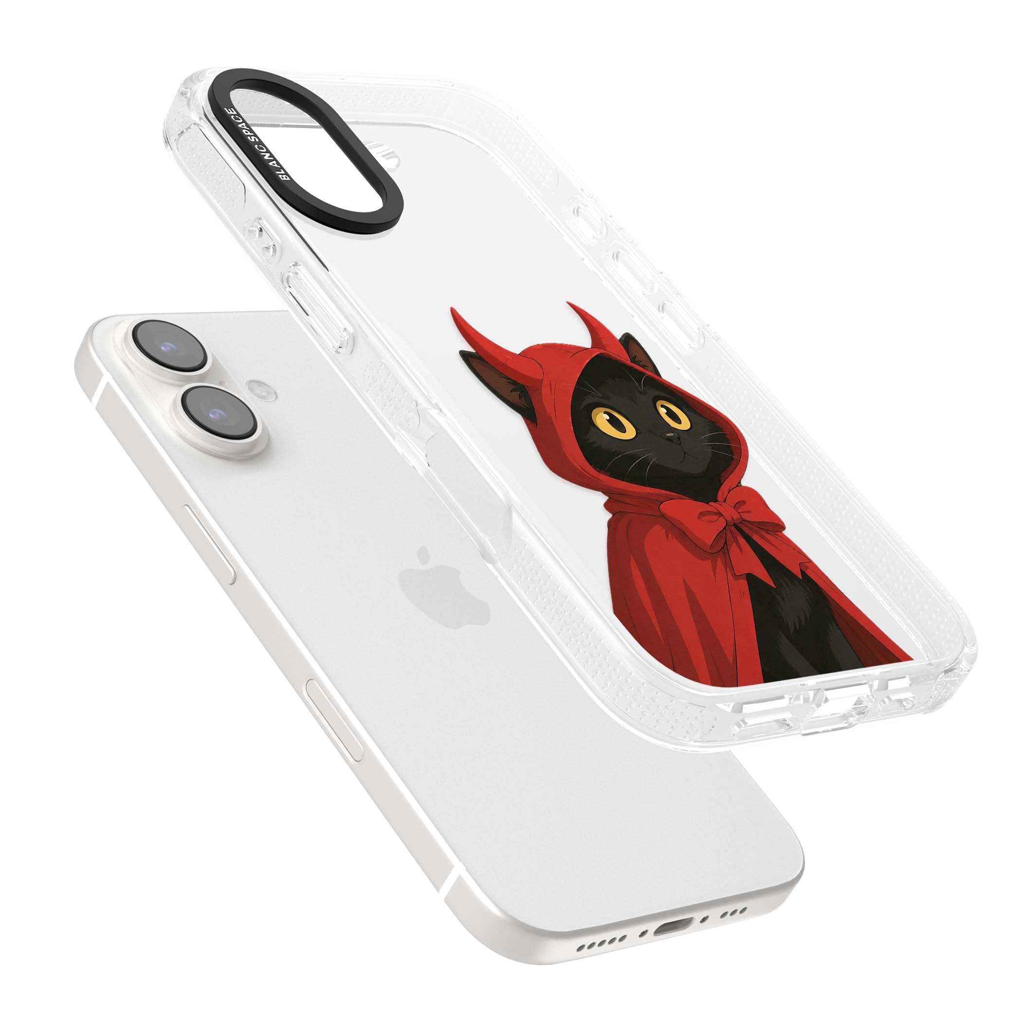 Little Devil halloween iPhone case featuring a black cat in a red hooded devil cloak with horns and golden eyes | Clear Case Impact Air case for iPhone 16, iPhone 16 Plus